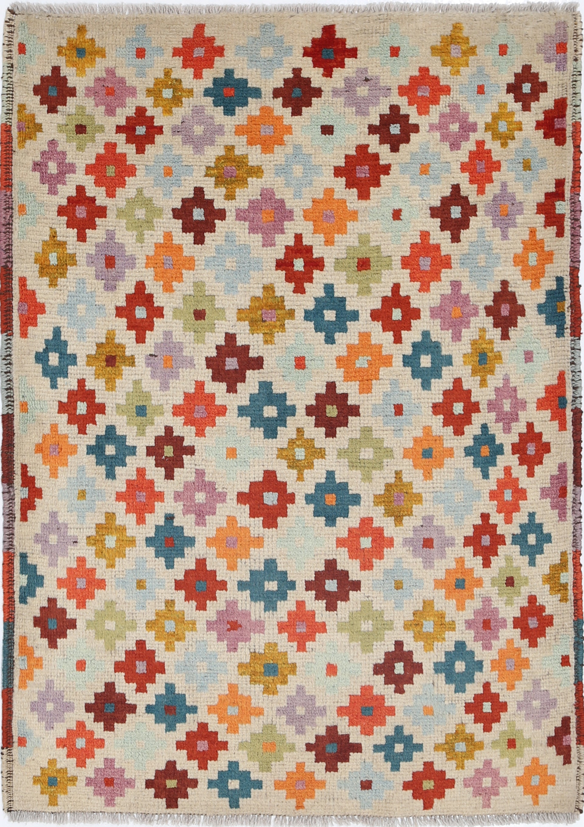 Ivory Hand-Knotted Tribal Geometric Wool Rug - 2'10" x 4'0"