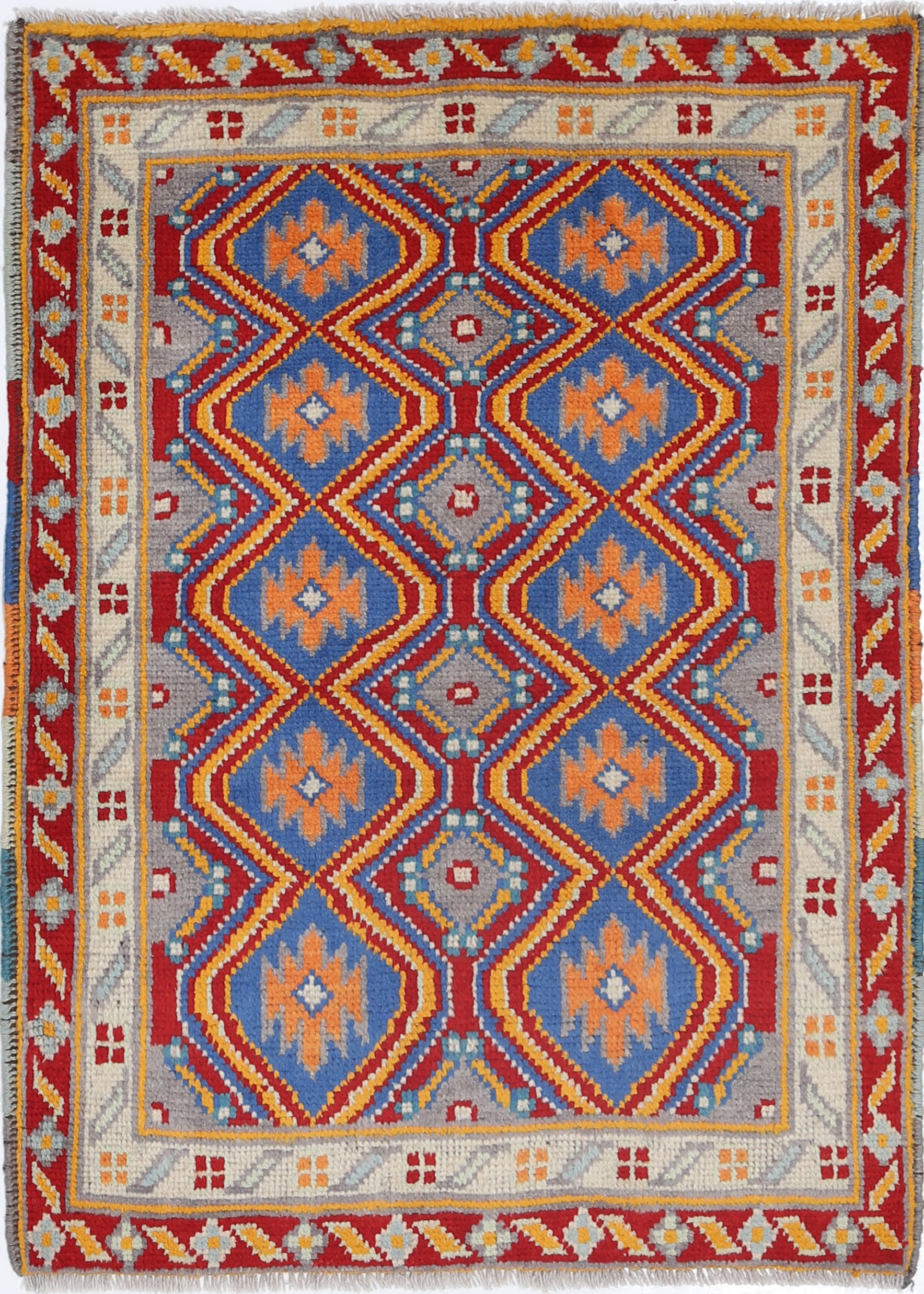 Blue Hand-Knotted Tribal Geometric Wool Rug - 2'7" x 3'7"
