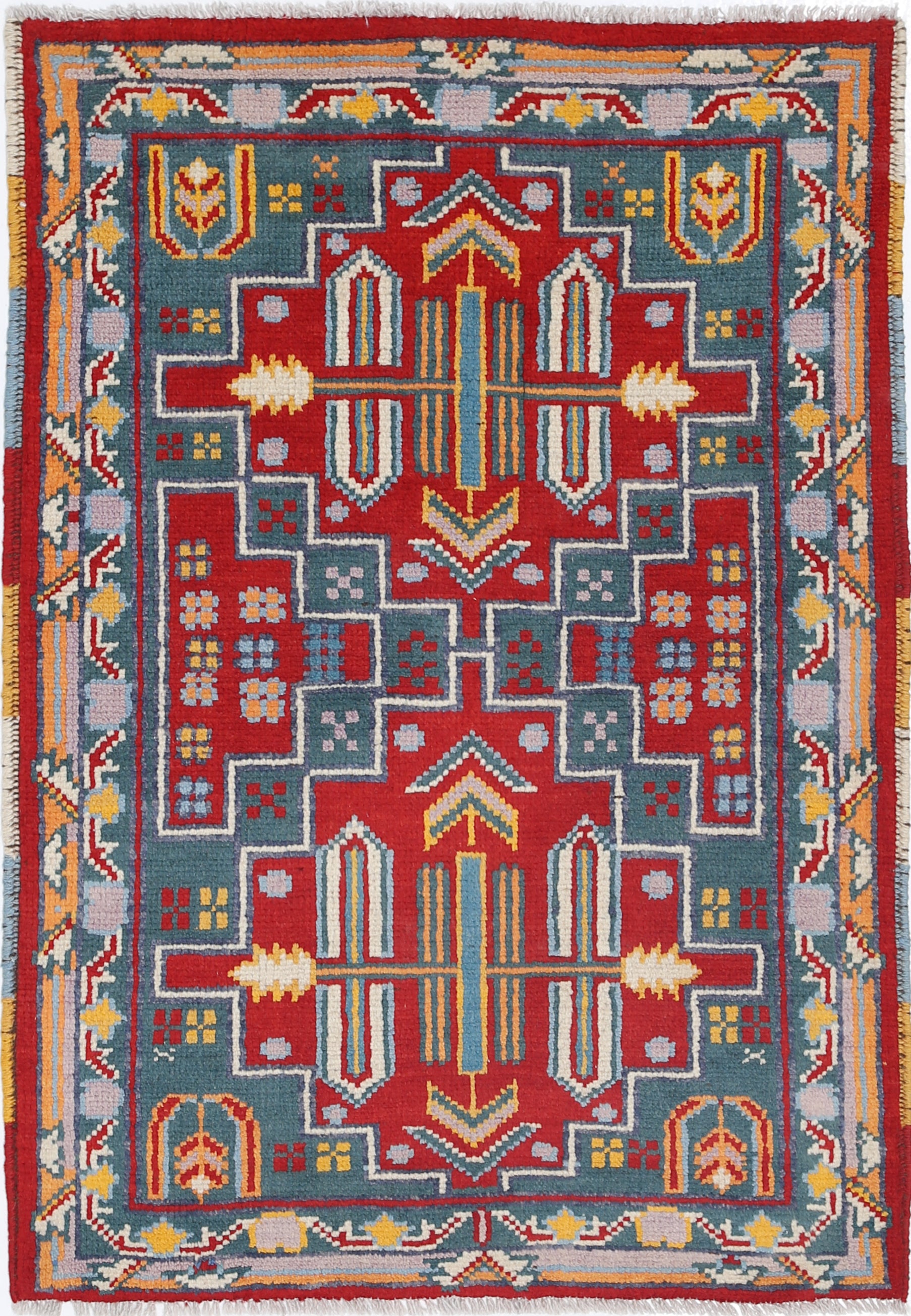 Green Hand-Knotted Tribal Geometric Wool Rug - 2'7" x 3'10"