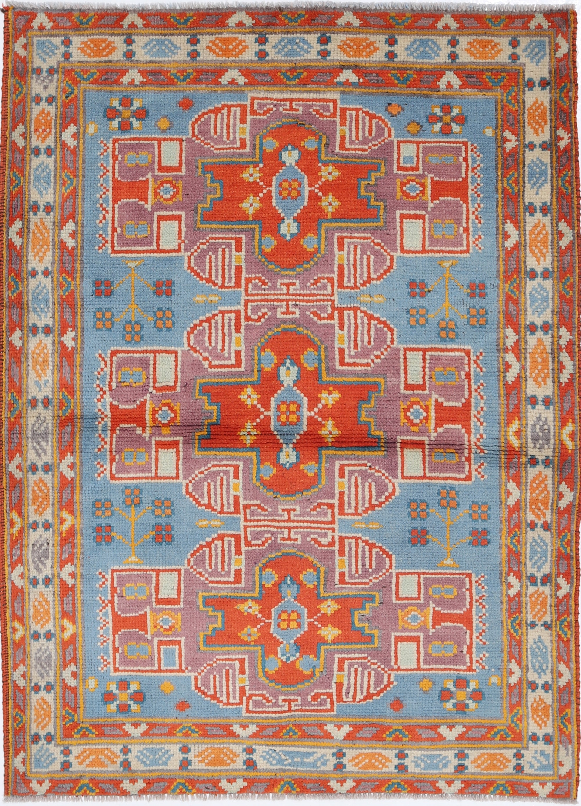 Blue Hand-Knotted Tribal Geometric Wool Rug - 3'6" x 4'10"