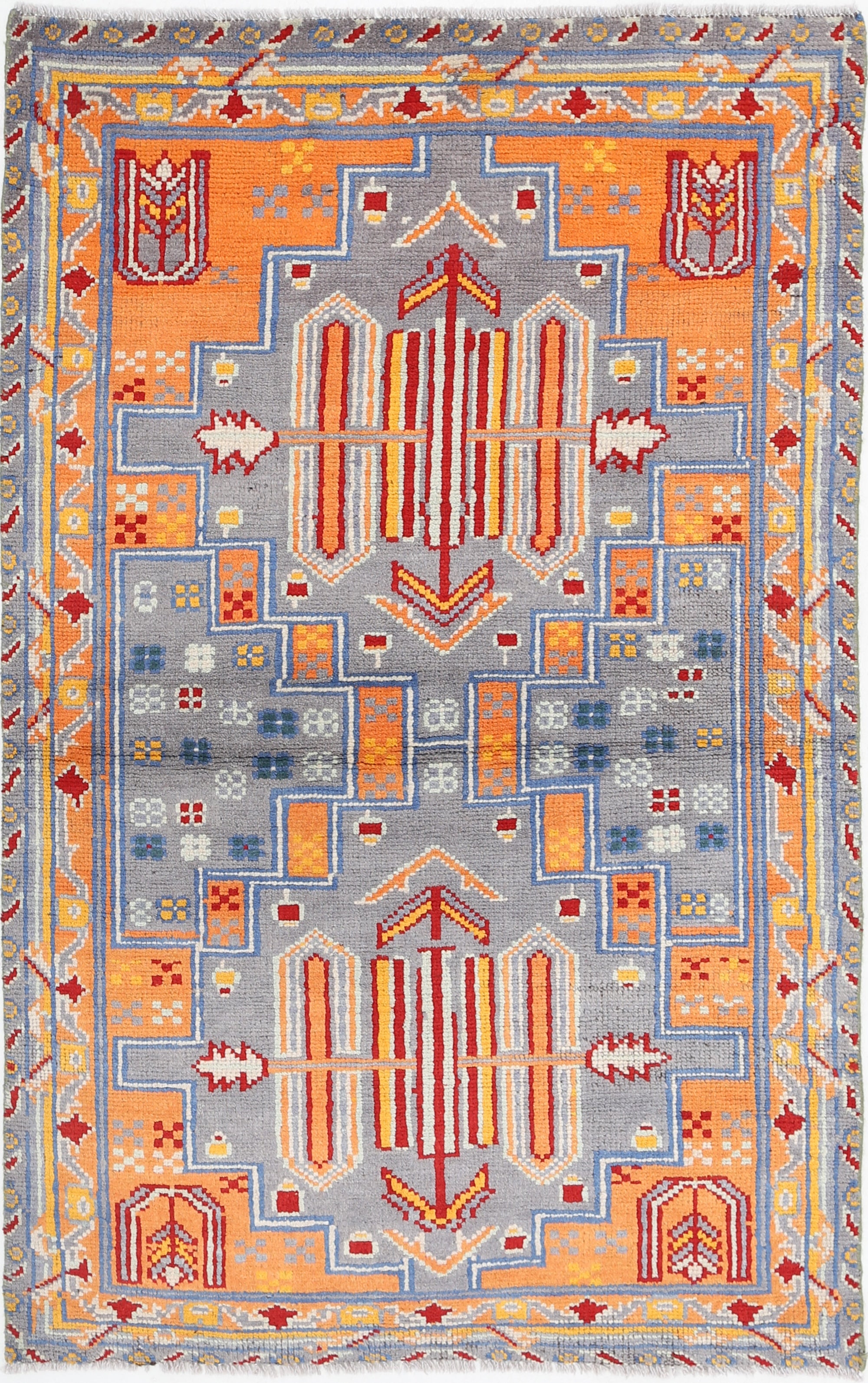 Grey Hand-Knotted Tribal Geometric Wool Rug - 3'2" x 5'0"