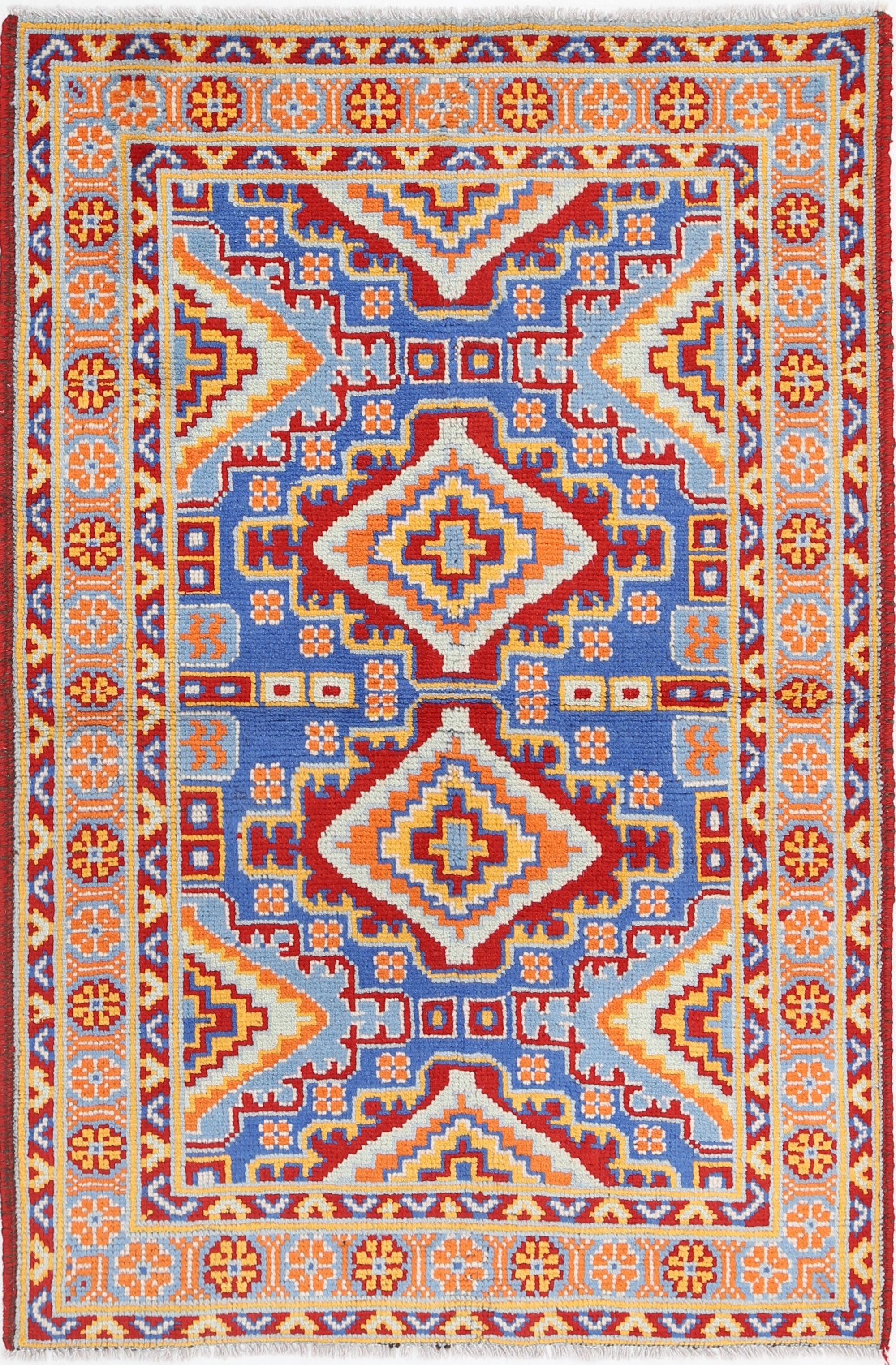Blue Hand-Knotted Tribal Geometric Wool Rug - 3'3" x 5'0"