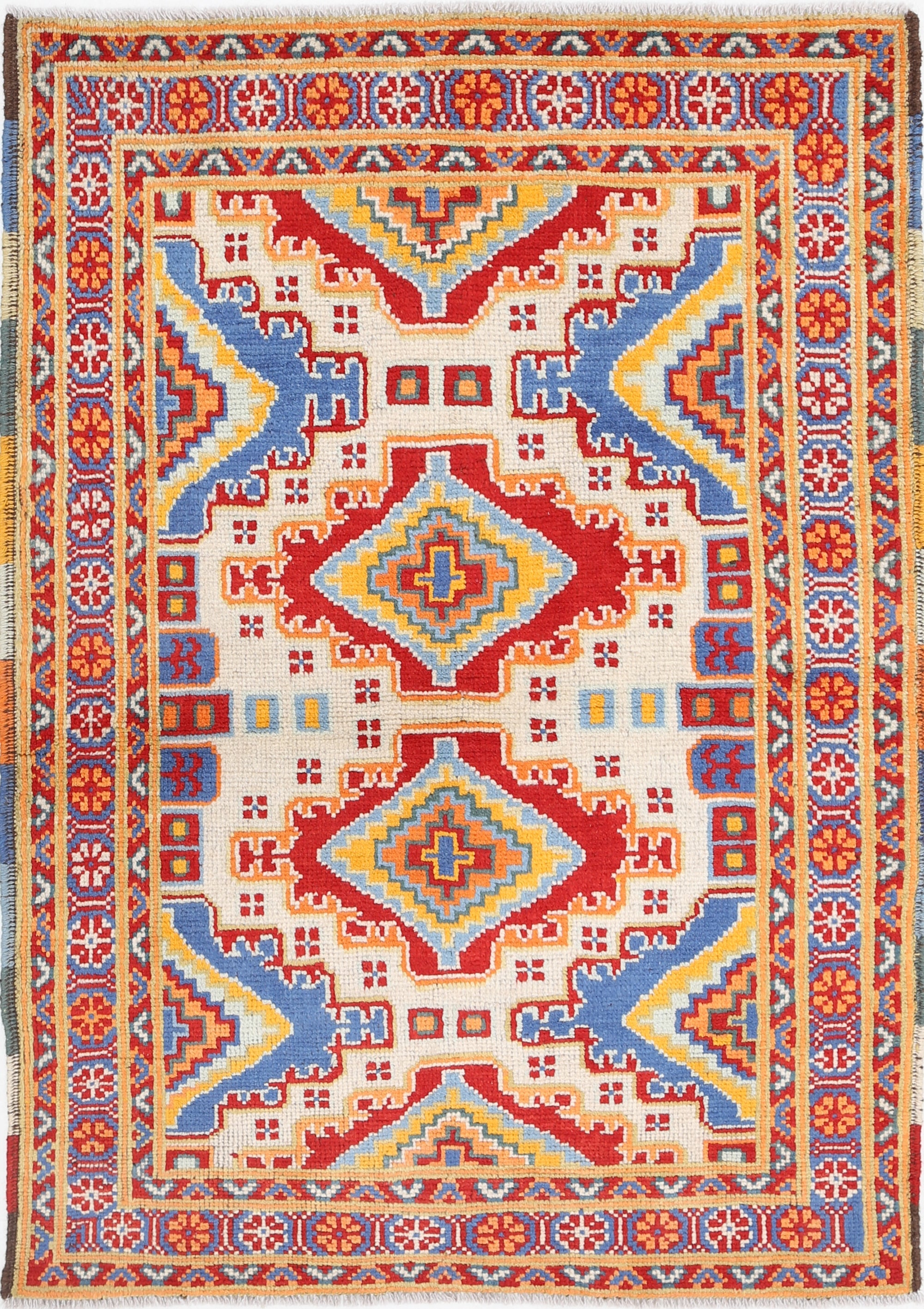 Ivory Hand-Knotted Tribal Geometric Wool Rug - 3'5" x 4'10"