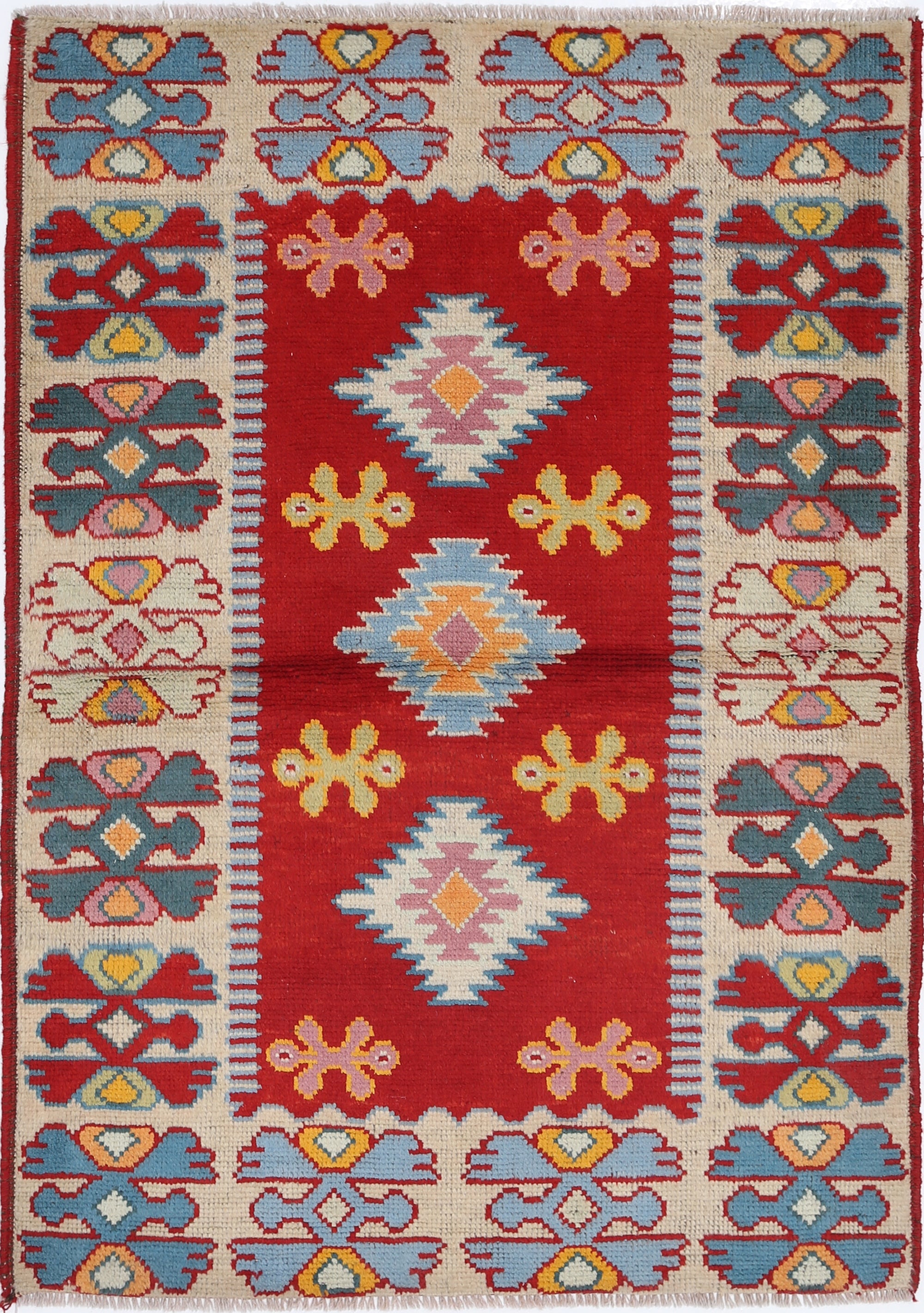 Red Hand-Knotted Tribal Geometric Wool Rug - 3'3" x 4'10"