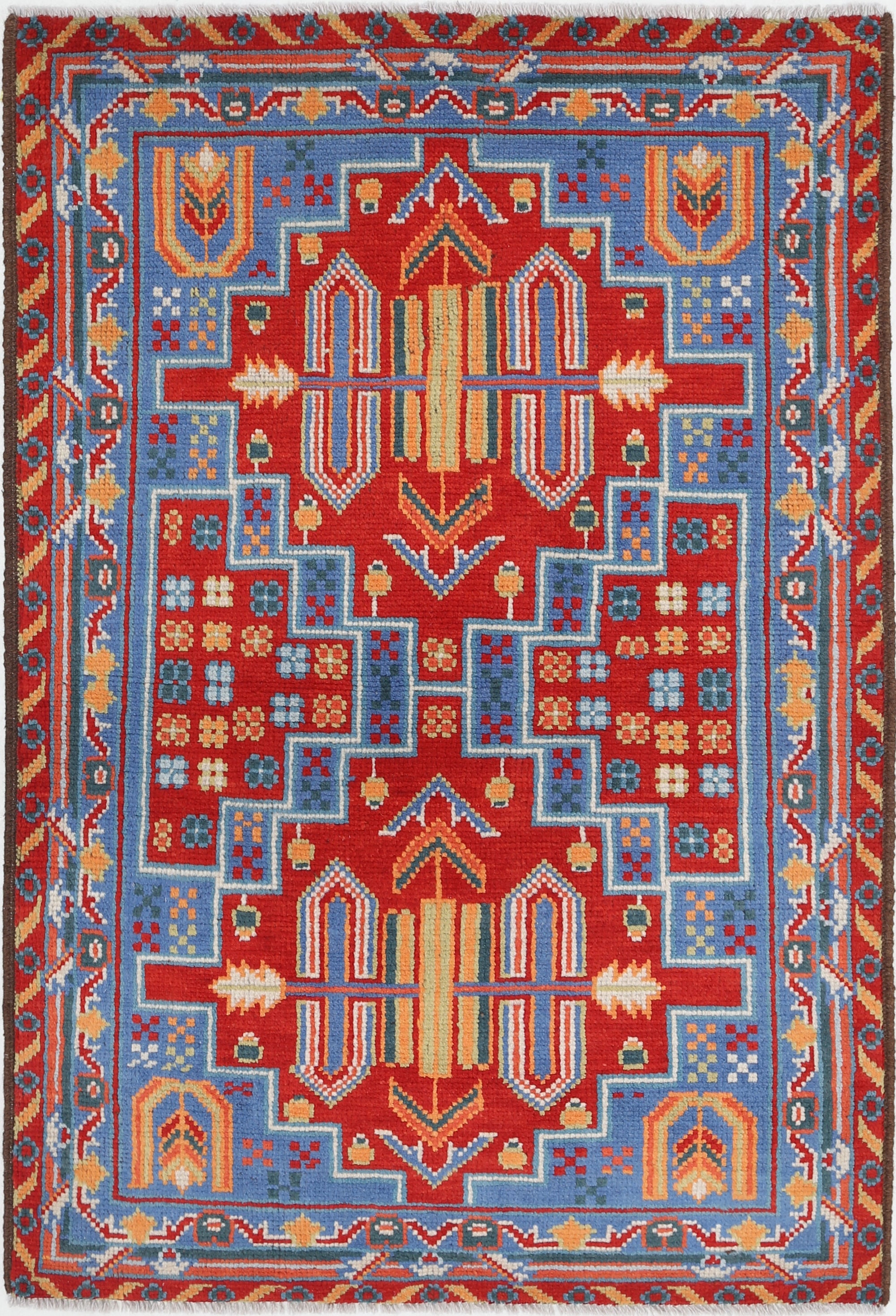 Blue Hand-Knotted Tribal Geometric Wool Rug - 3'4" x 5'0"