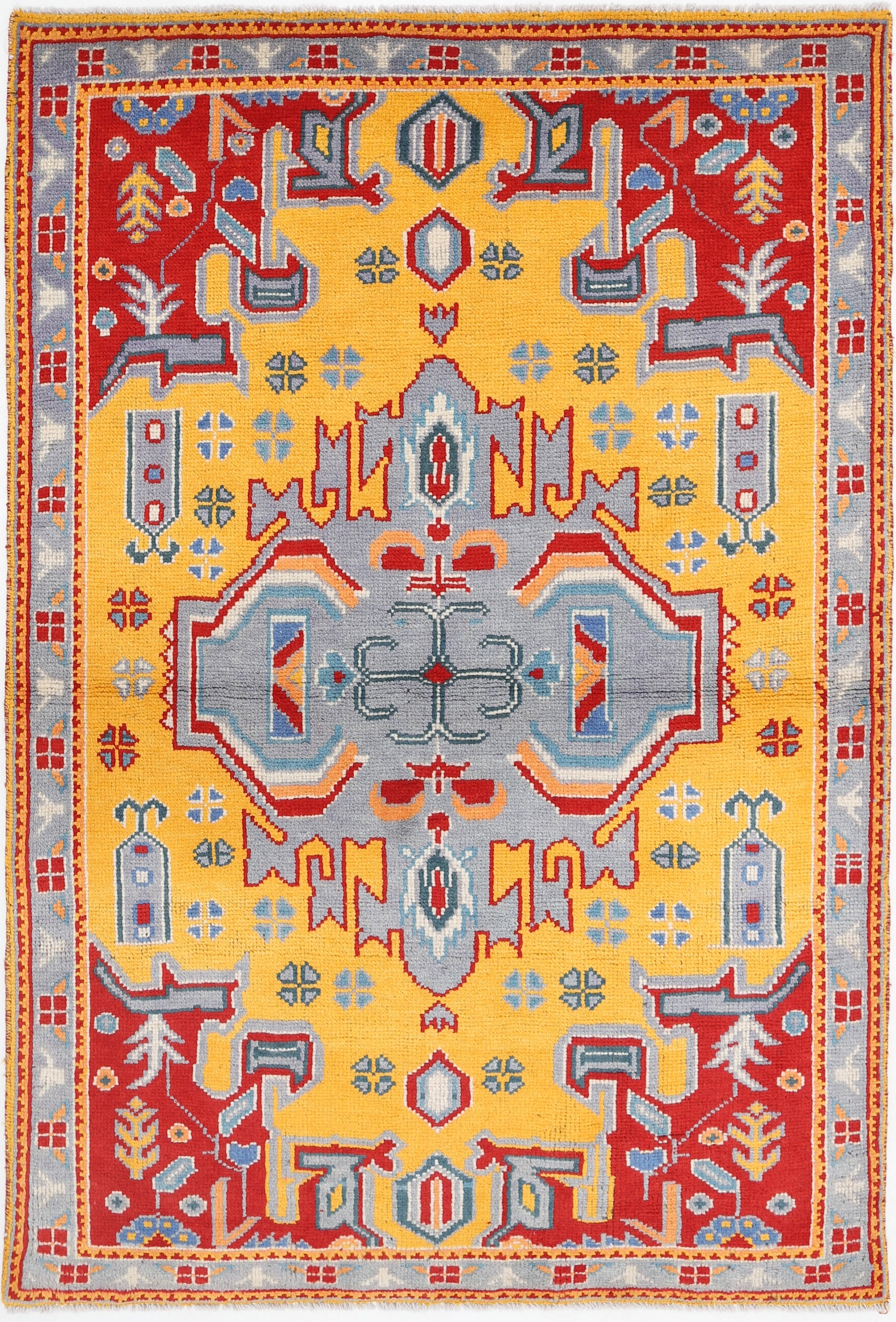 Gold Hand-Knotted Tribal Geometric Wool Rug - 4'1" x 5'11"