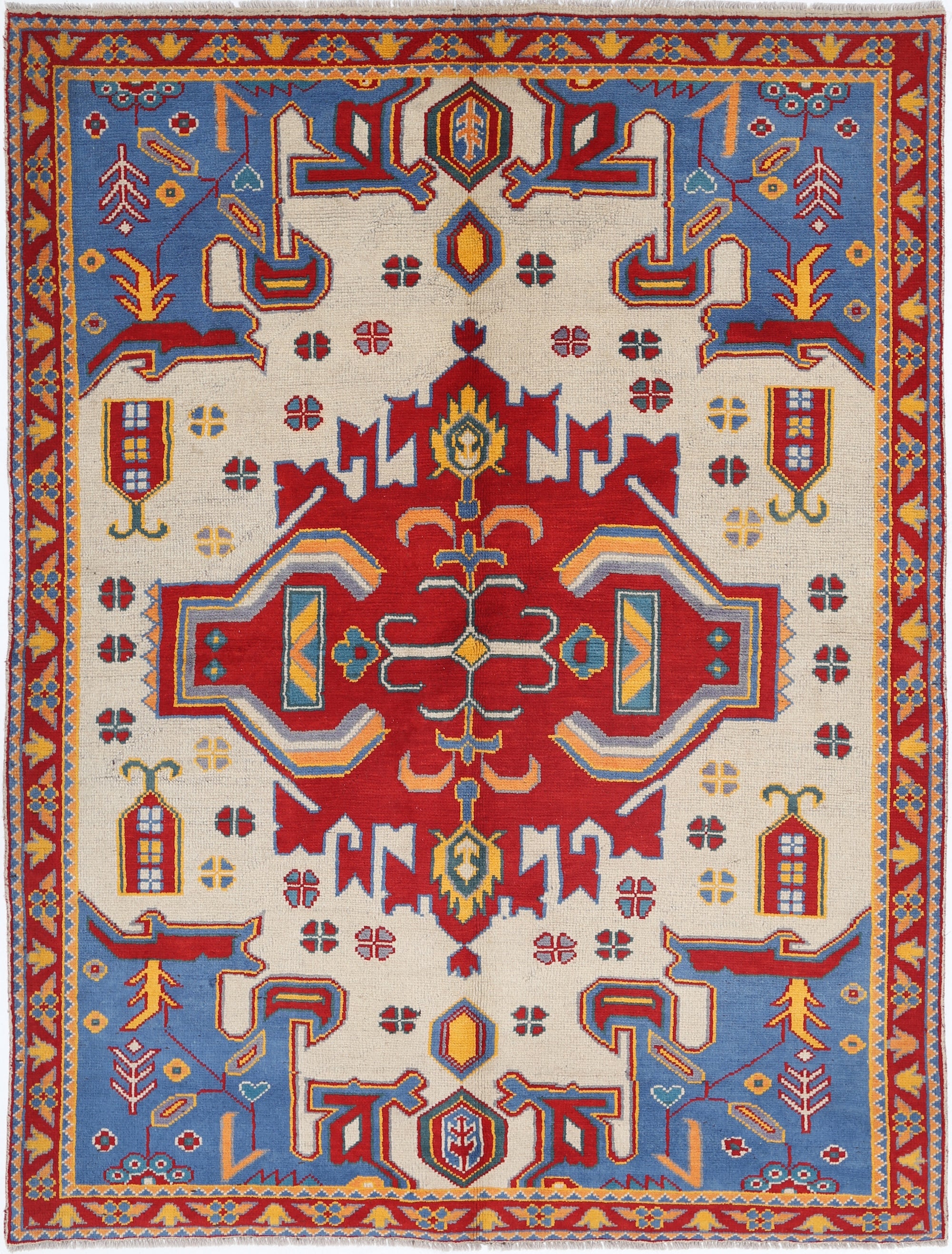 Ivory Hand-Knotted Tribal Geometric Wool Rug - 5'7" x 7'8"