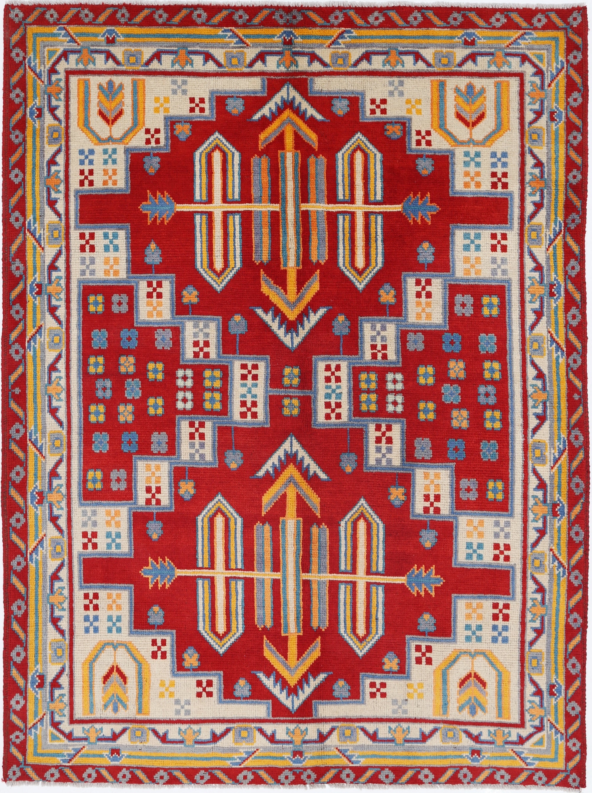 Red Hand-Knotted Tribal Geometric Wool Rug - 4'10" x 6'7"