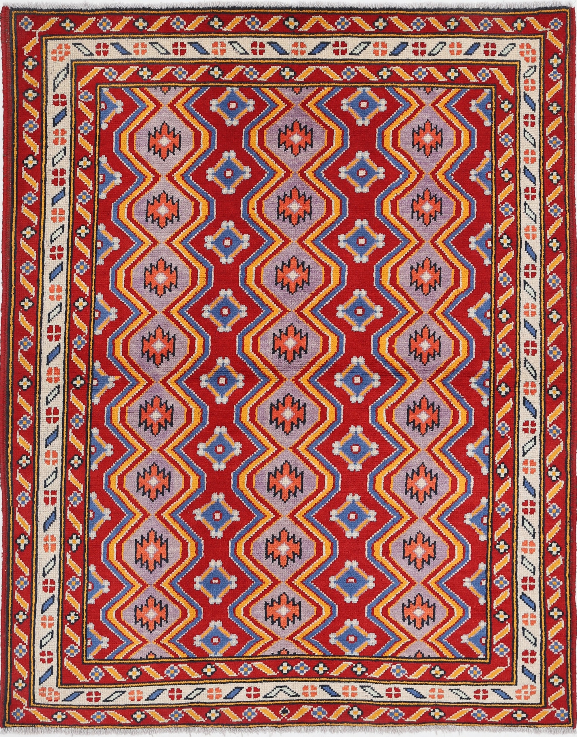 Red Hand-Knotted Tribal Geometric Wool Rug - 5'0" x 6'8"