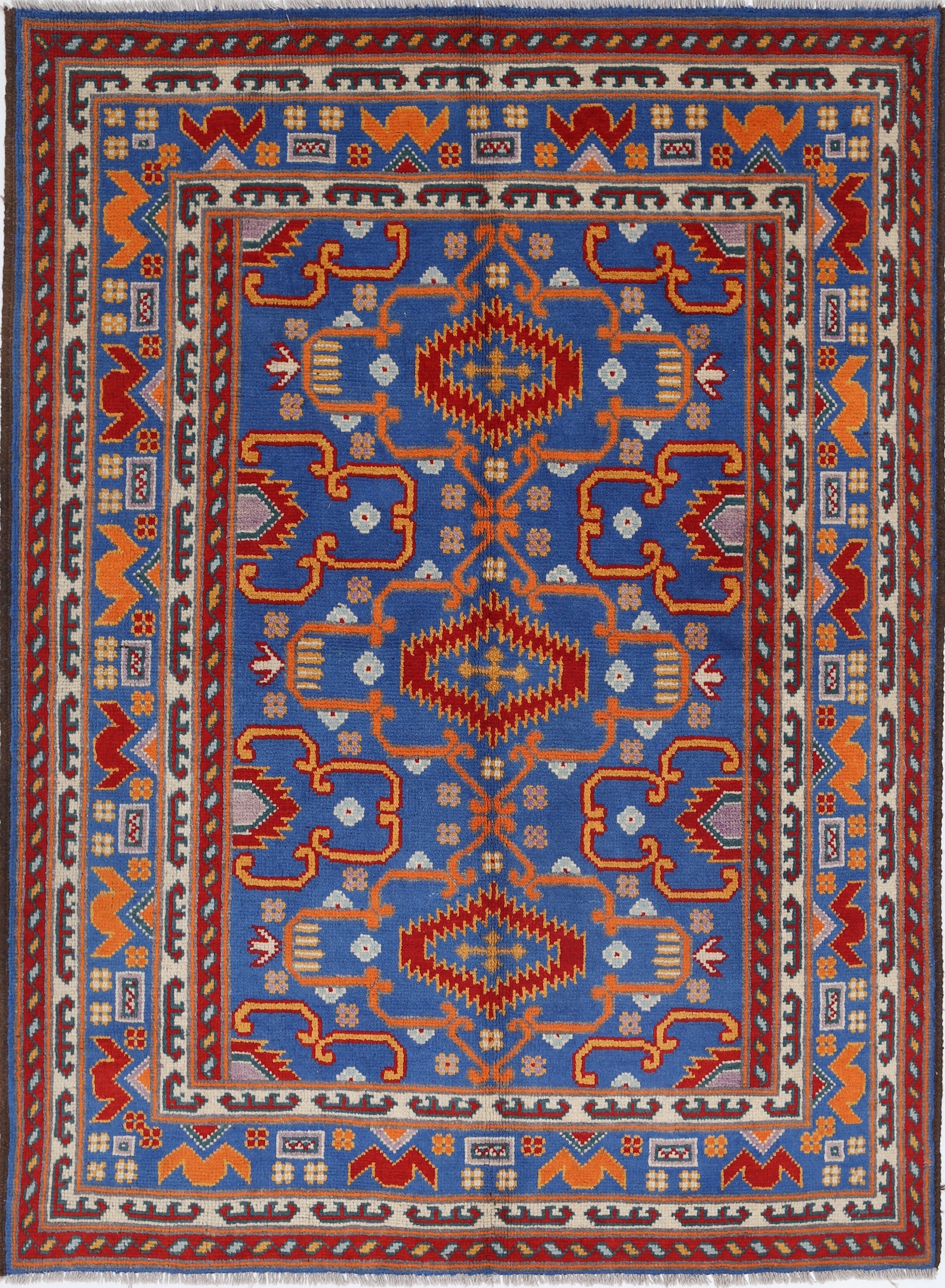 Blue Hand-Knotted Tribal Geometric Wool Rug - 4'10" x 6'8"