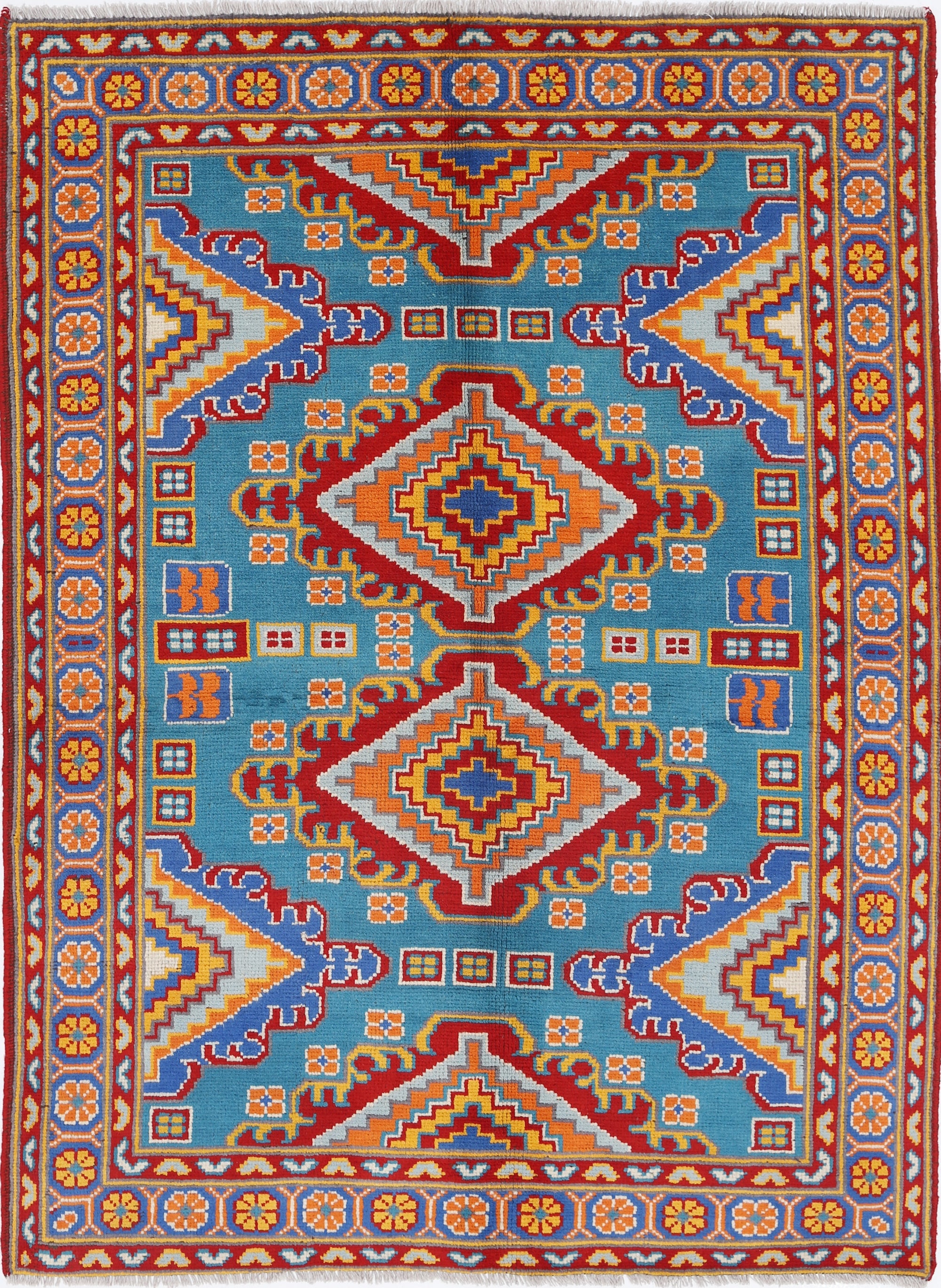 Teal Hand-Knotted Tribal Geometric Wool Rug - 5'0" x 6'8"