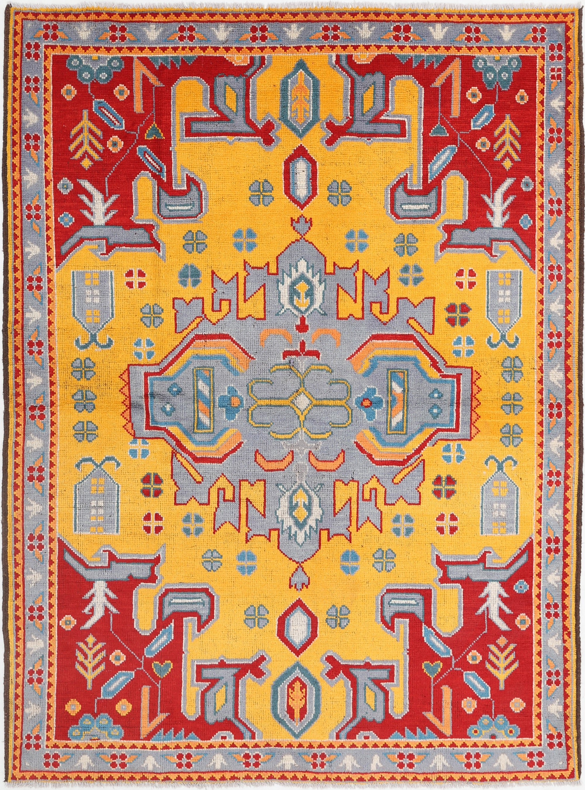 Gold Hand-Knotted Tribal Geometric Wool Rug - 5'7" x 7'8"