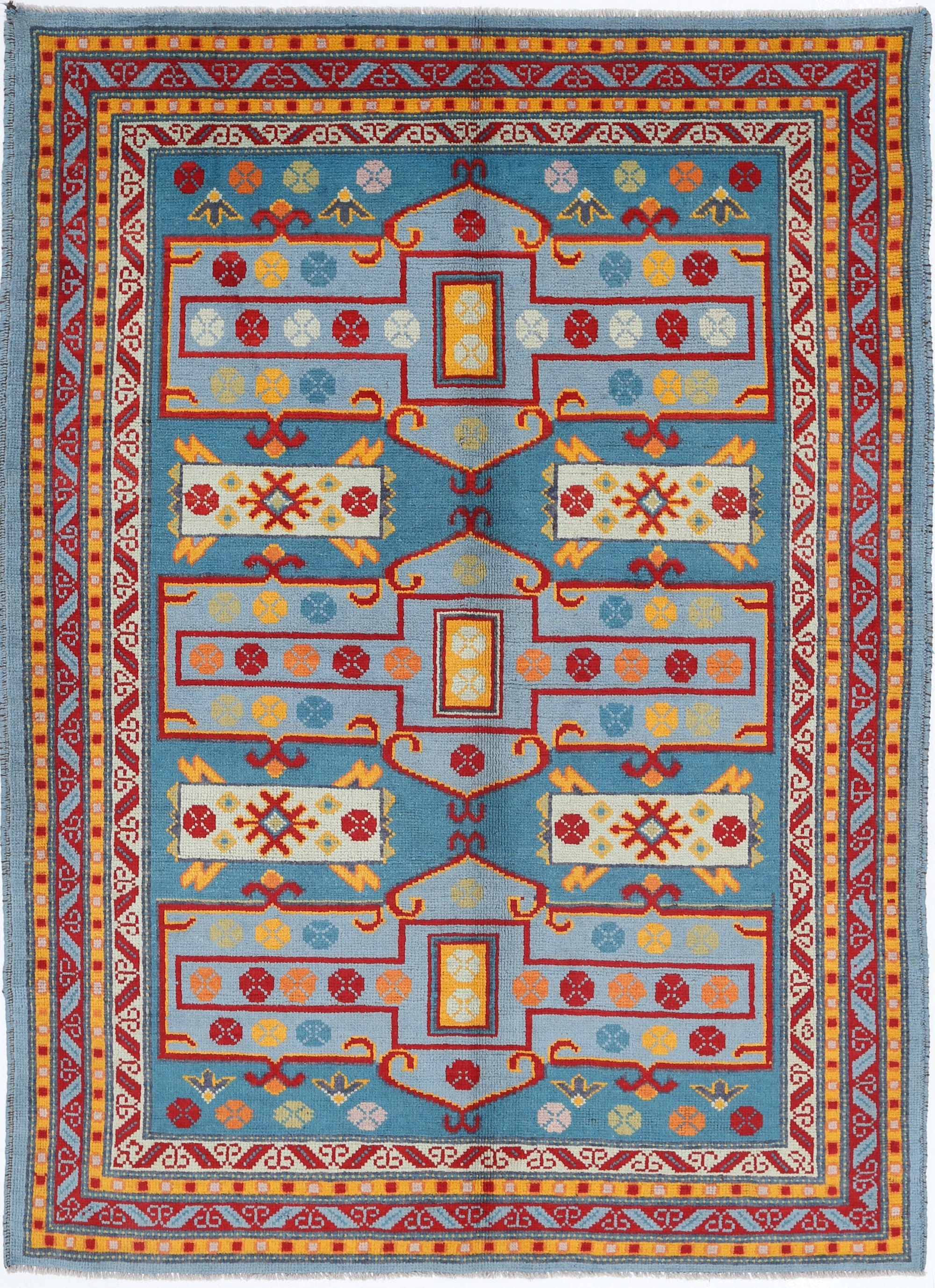 Teal Hand-Knotted Tribal Geometric Wool Rug - 5'6" x 7'8"