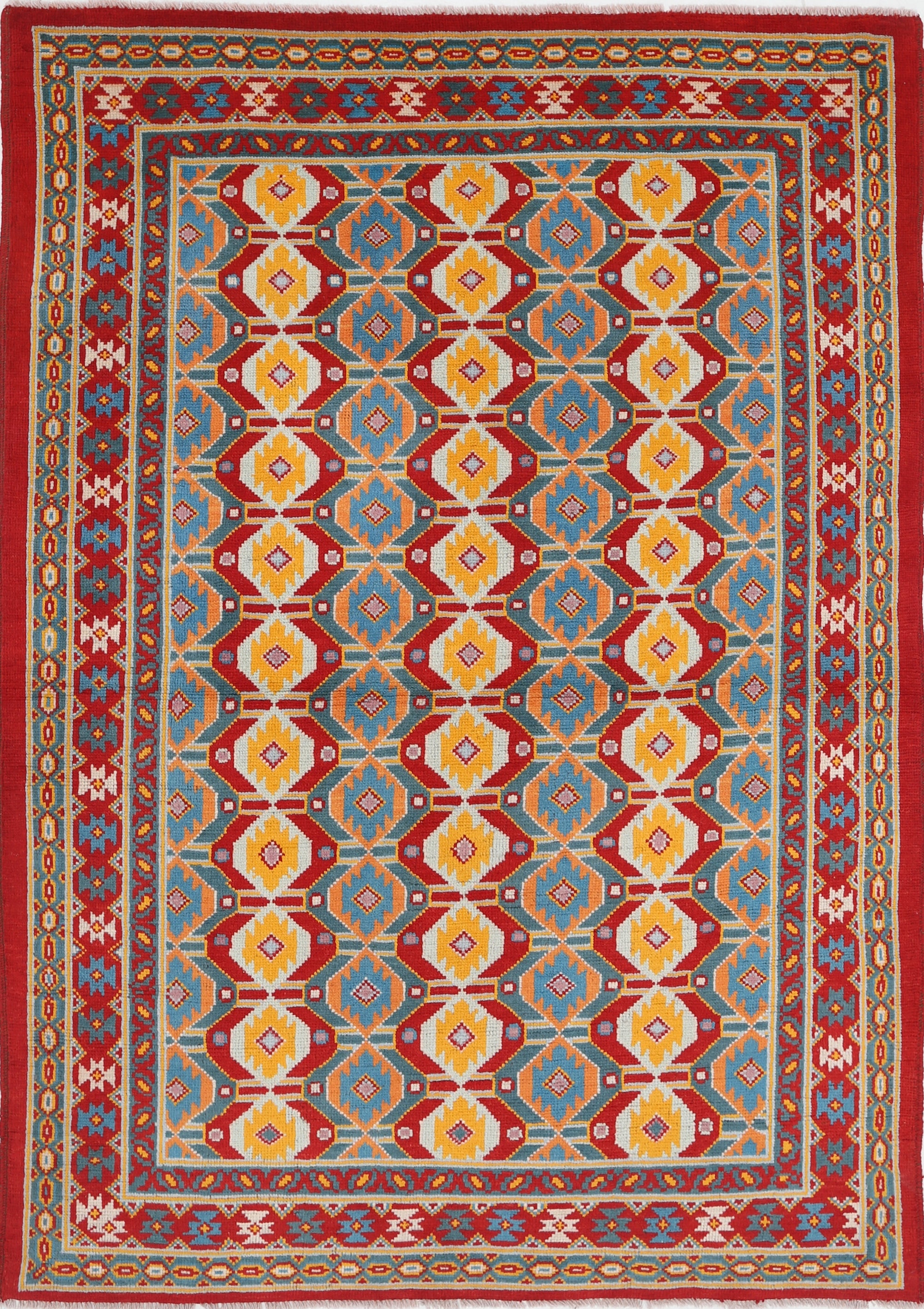 Red Hand-Knotted Tribal Geometric Wool Rug - 5'6" x 7'10"