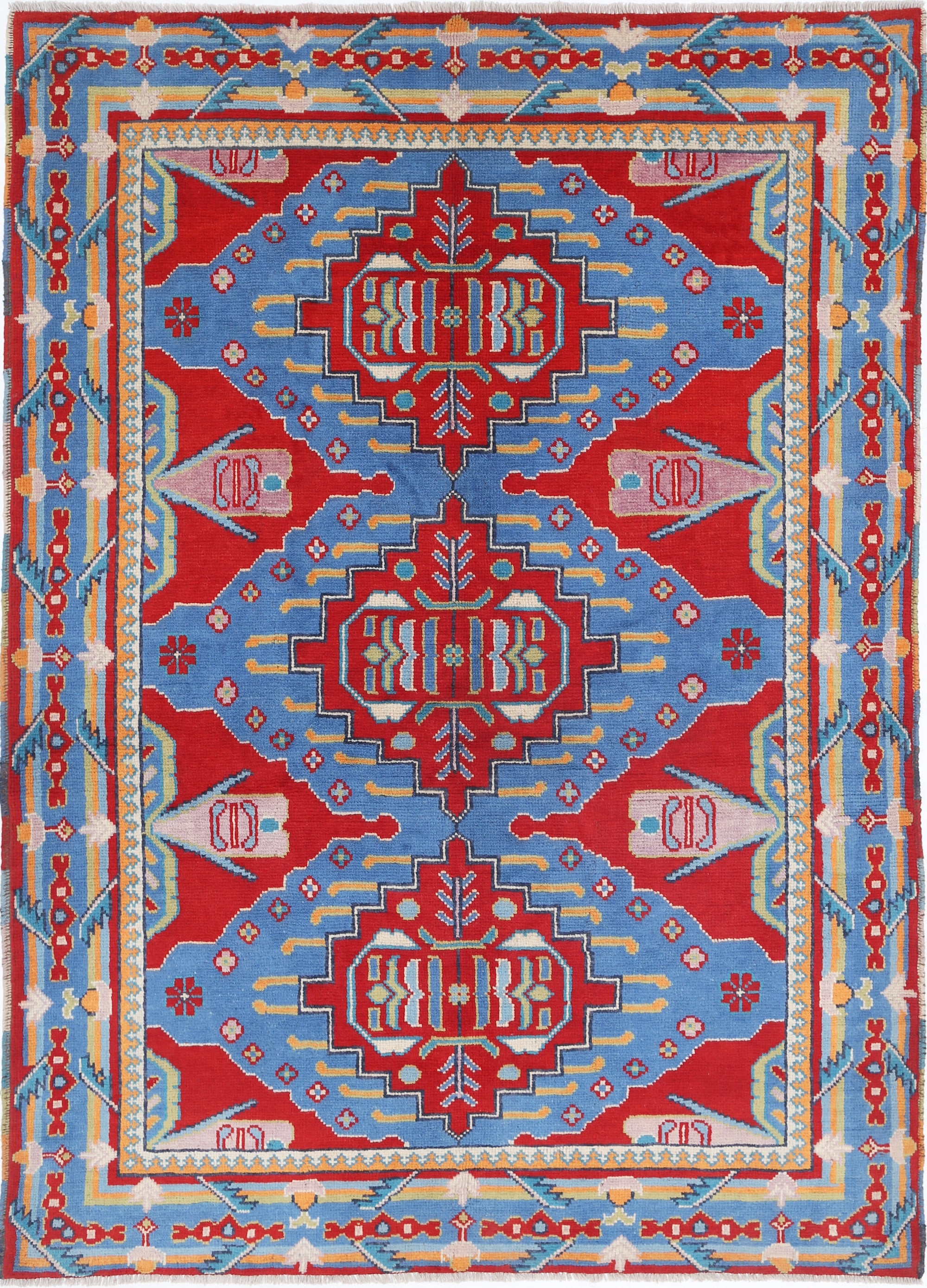 Blue Hand-Knotted Tribal Geometric Wool Rug - 5'6" x 7'9"