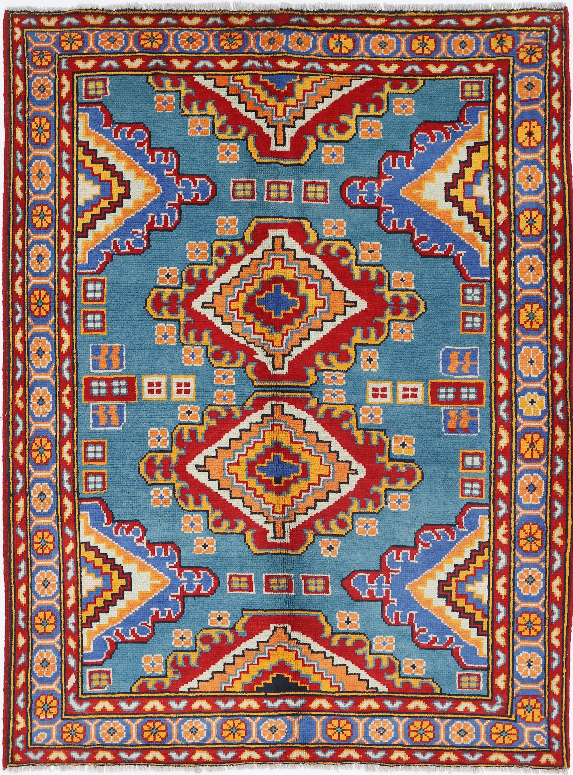 Teal Hand-Knotted Tribal Geometric Wool Rug - 4'10" x 6'7"