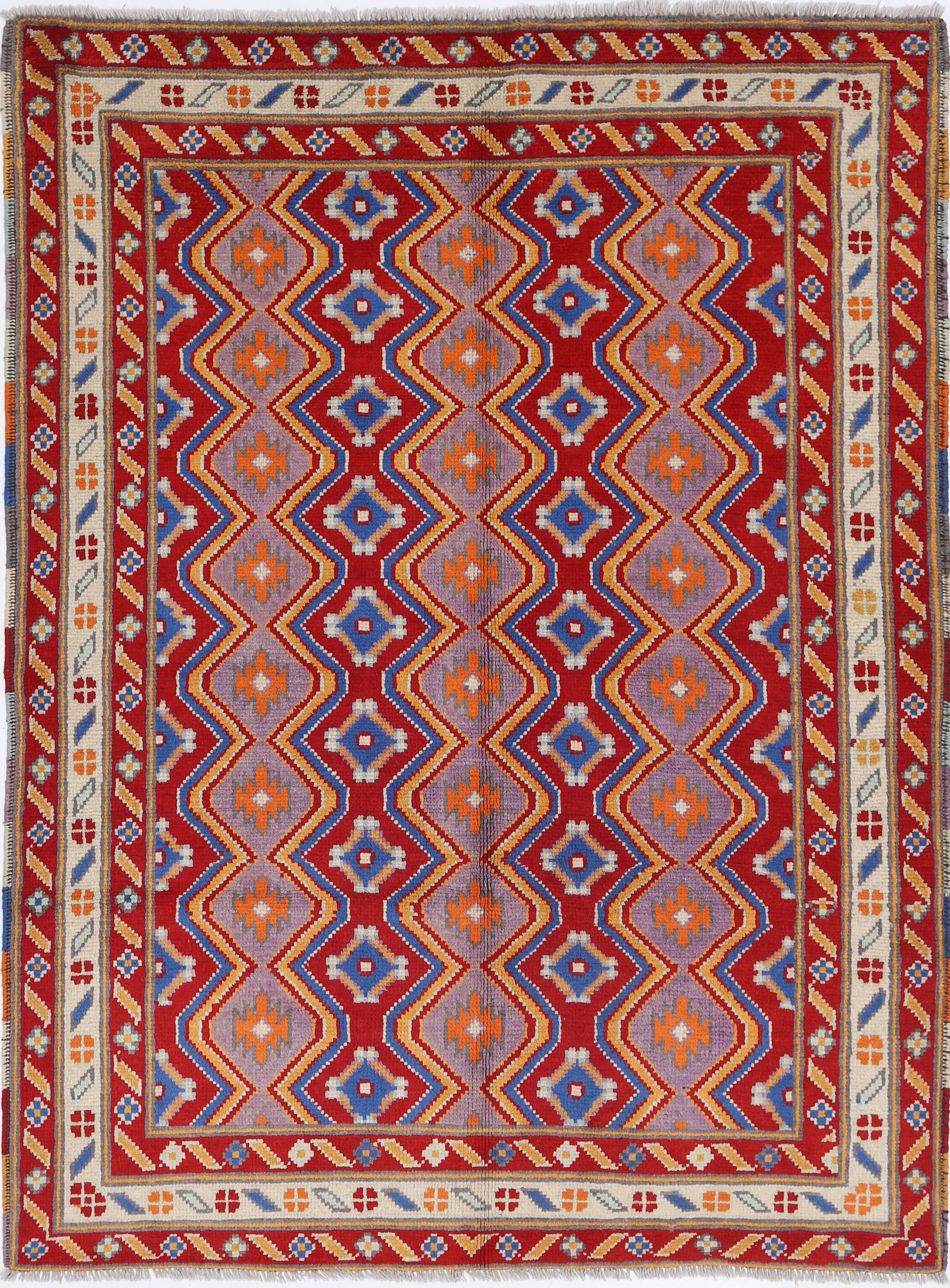 Red Hand-Knotted Tribal Geometric Wool Rug - 4'9" x 6'5"