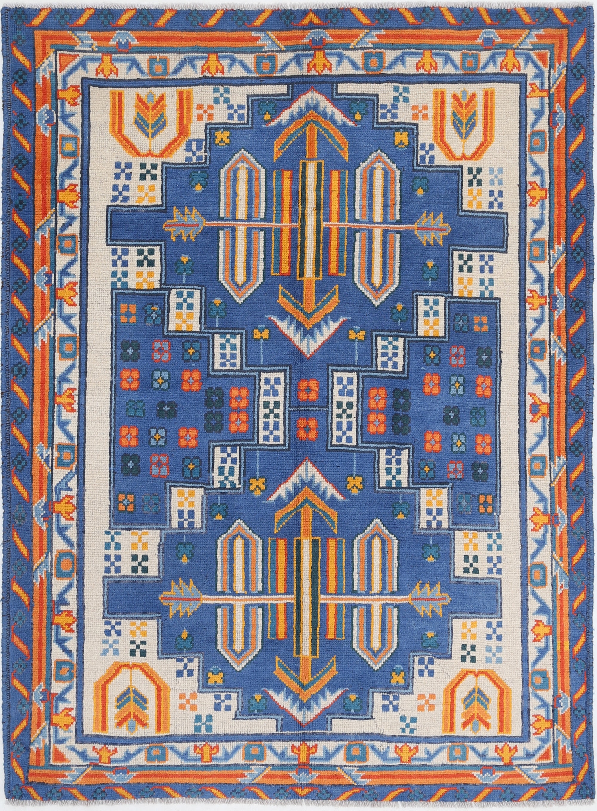 Blue Hand-Knotted Tribal Geometric Wool Rug - 4'10" x 6'8"