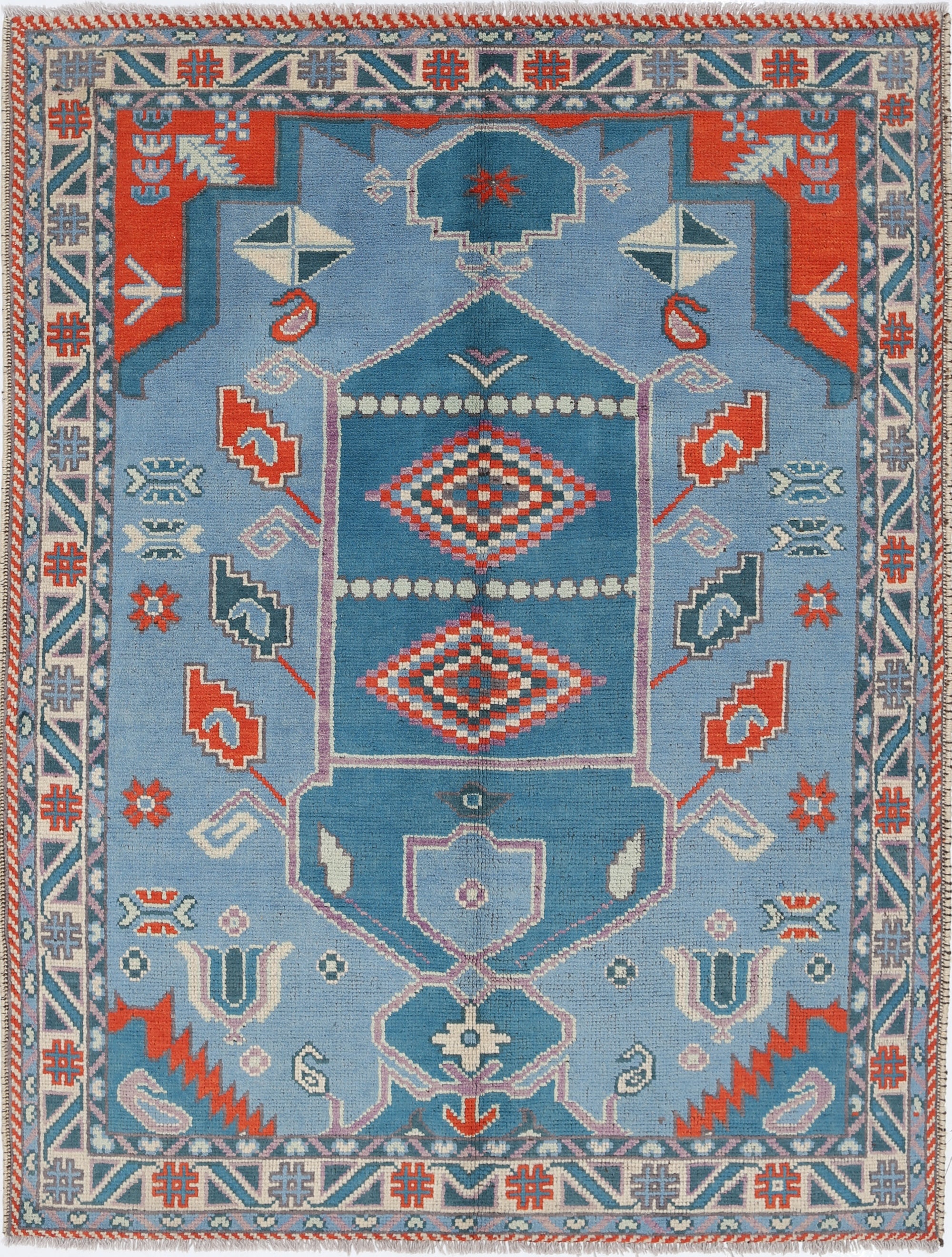 Blue Hand-Knotted Tribal Geometric Wool Rug - 4'10" x 6'5"