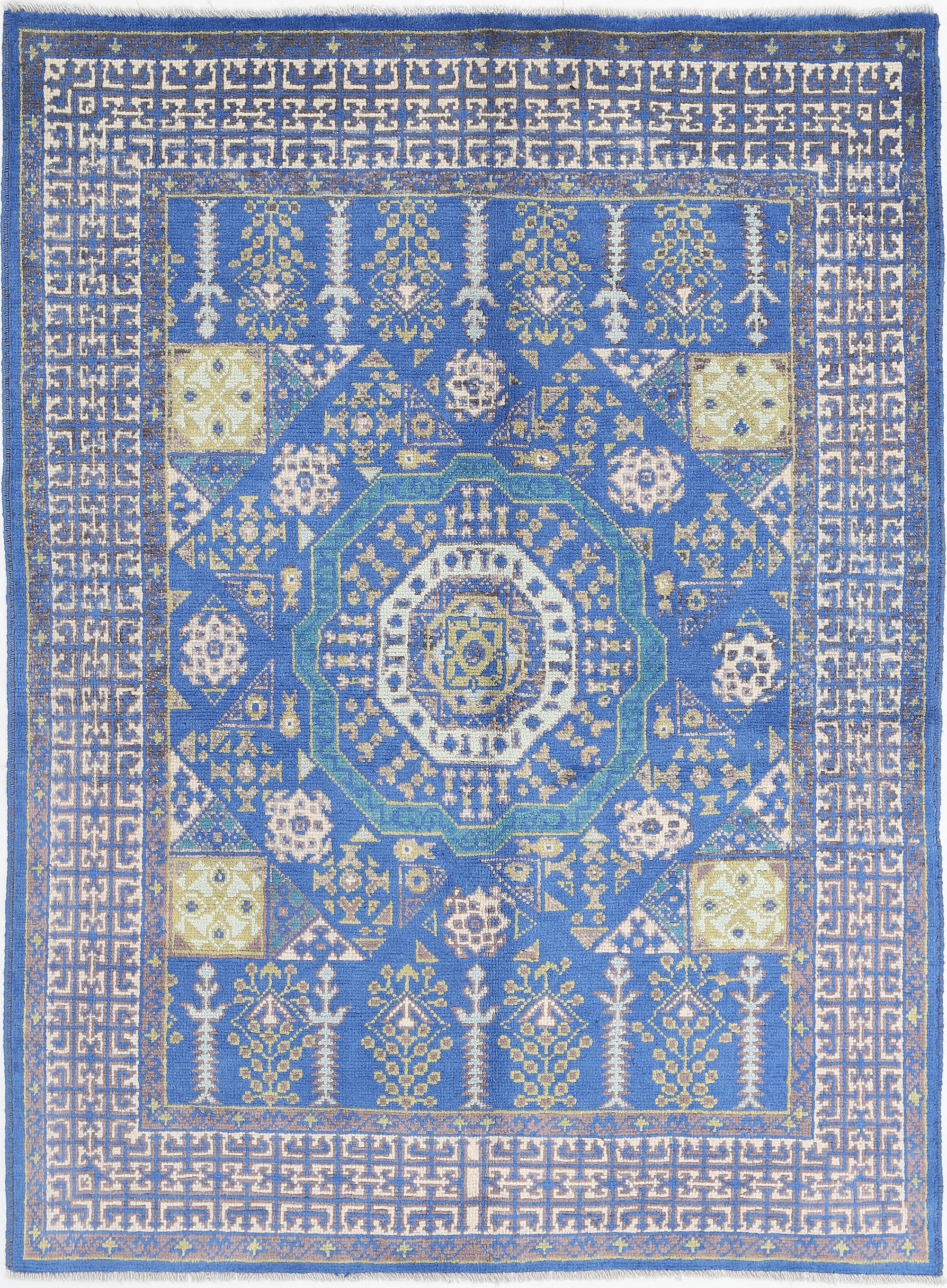 Blue Hand-Knotted Tribal Geometric Wool Rug - 4'10" x 6'7"