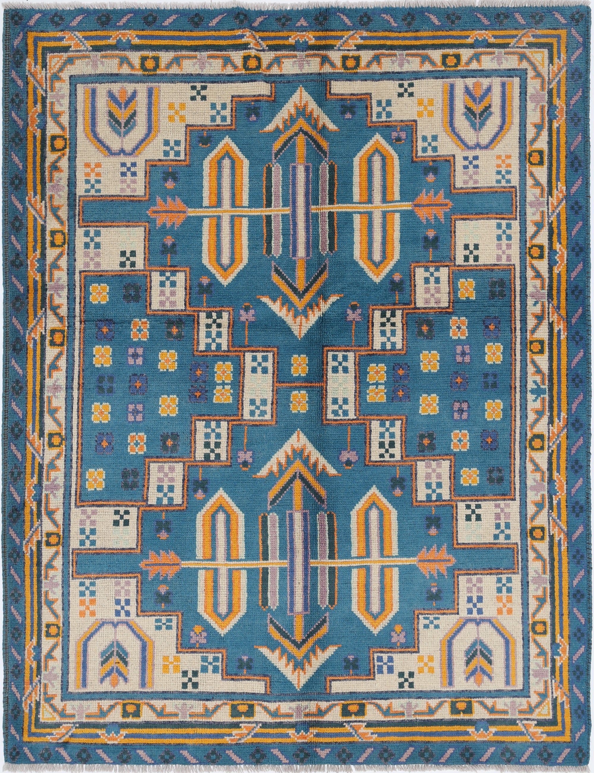 Teal Hand-Knotted Tribal Geometric Wool Rug - 5'1" x 6'6"