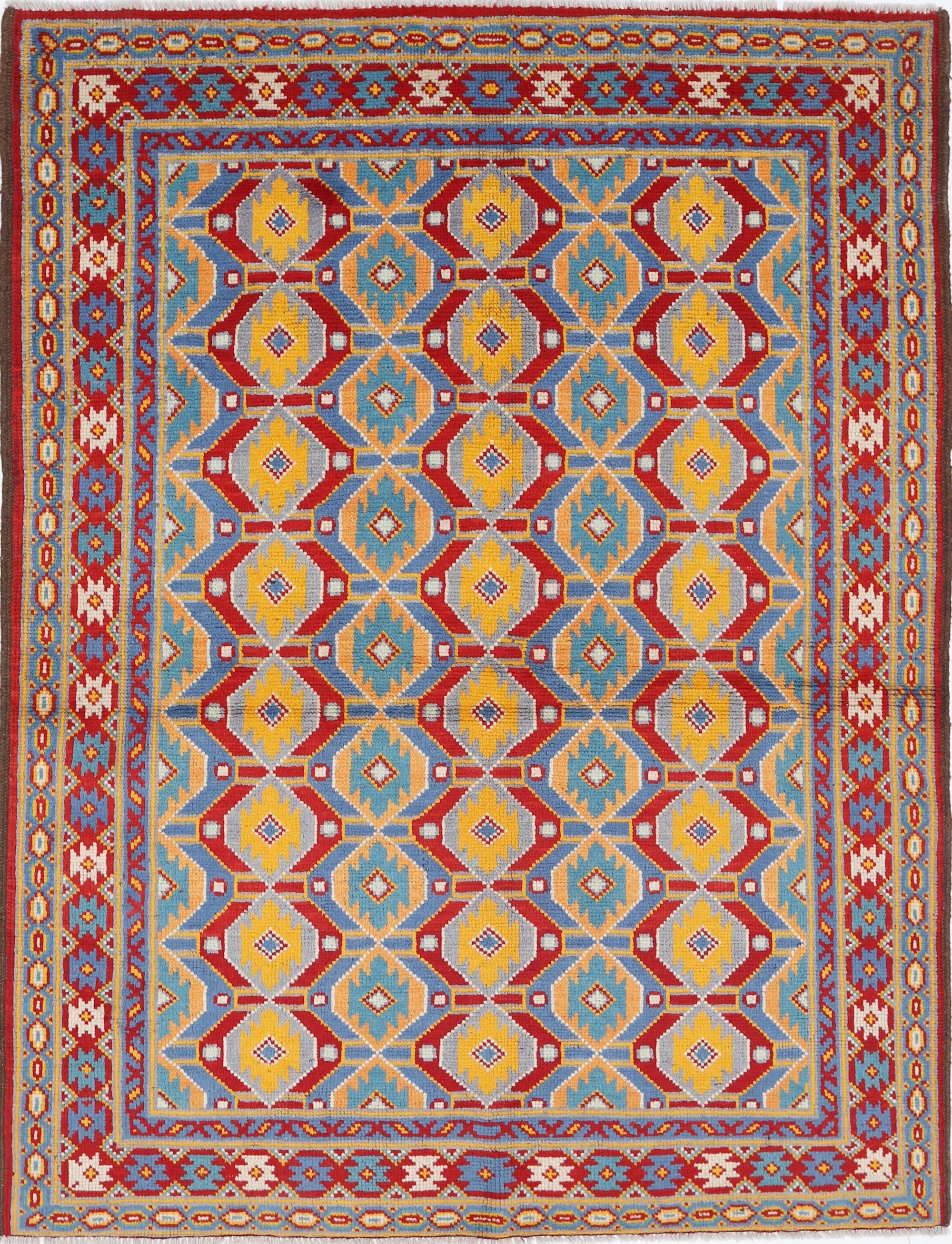 Red Hand-Knotted Tribal Geometric Wool Rug - 4'10" x 6'5"