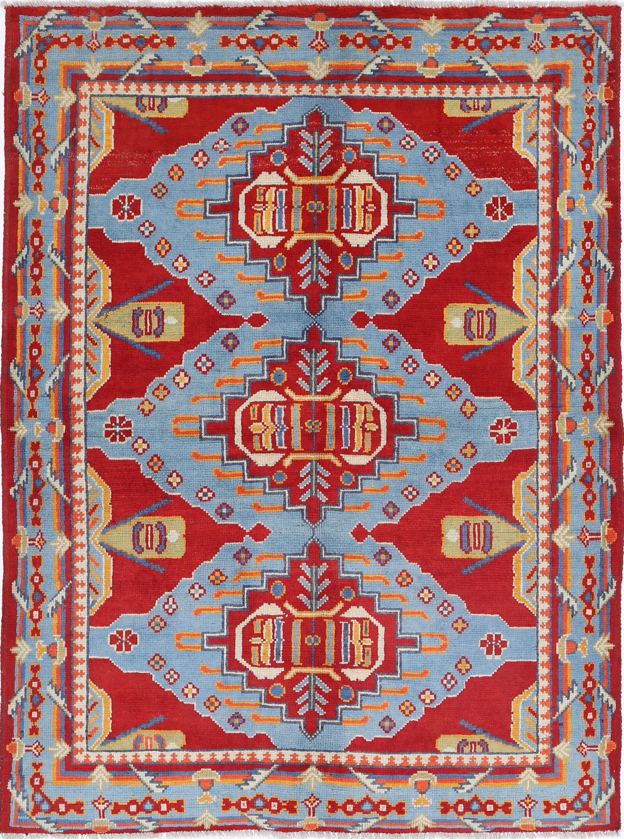 Red Hand-Knotted Tribal Geometric Wool Rug - 4'10" x 6'6"