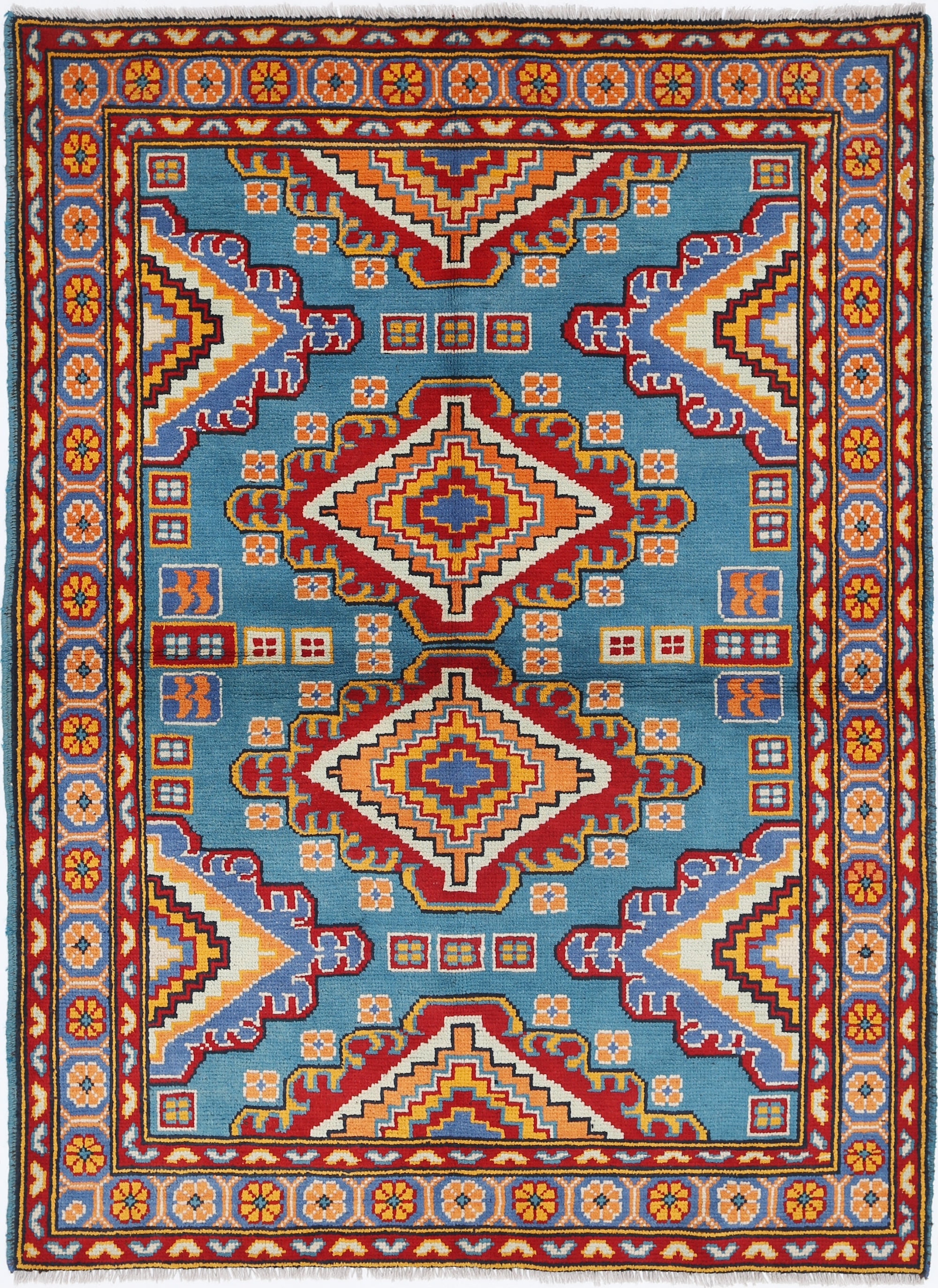 Teal Hand-Knotted Tribal Geometric Wool Rug - 4'10" x 6'6"