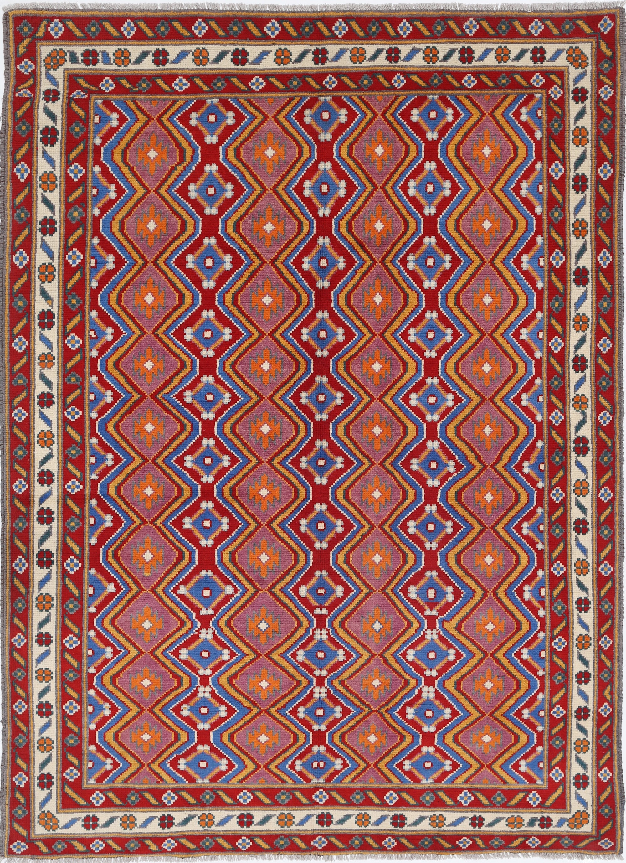 Red Hand-Knotted Tribal Geometric Wool Rug - 5'7" x 7'9"