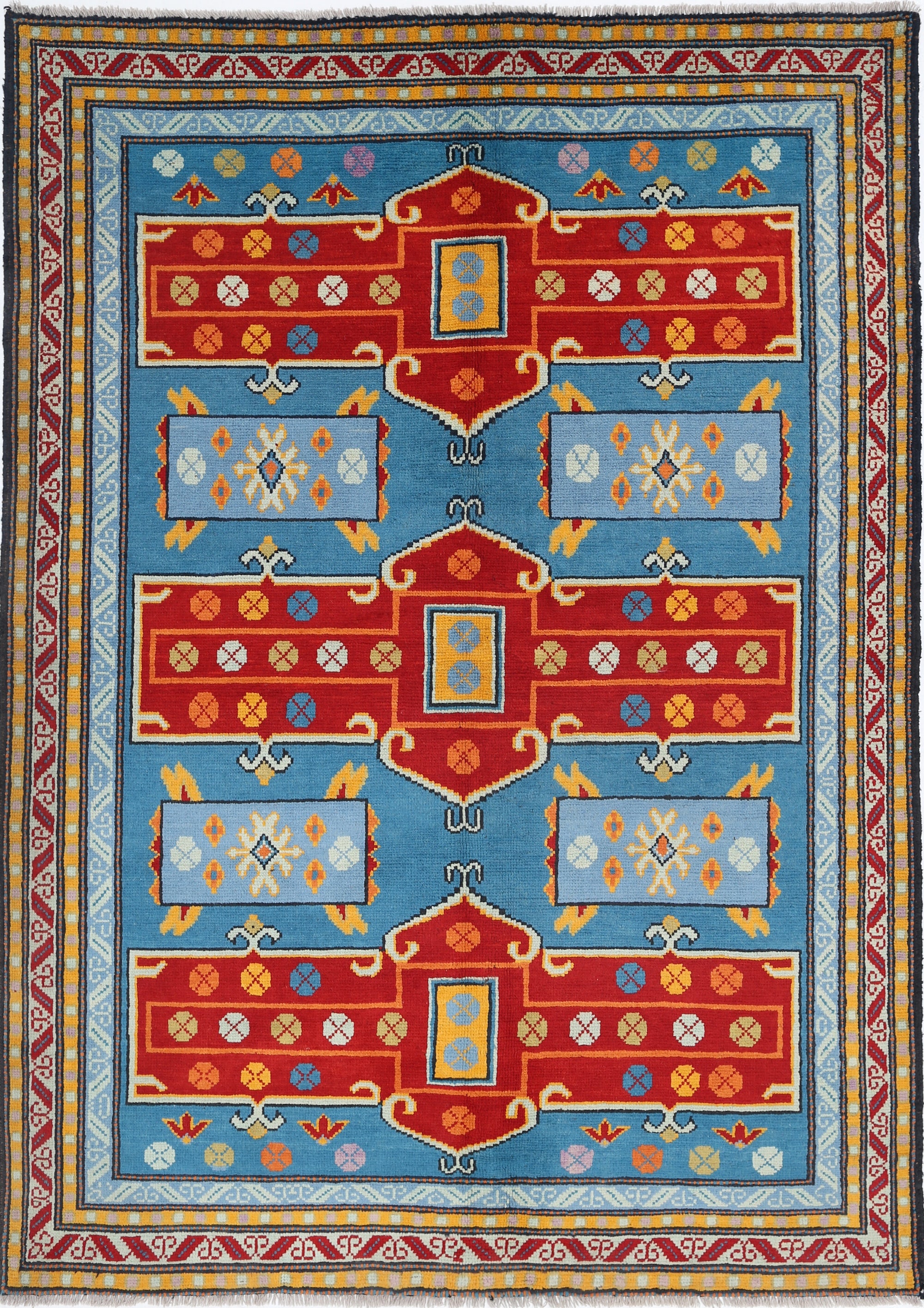 Teal Hand-Knotted Tribal Geometric Wool Rug - 5'8" x 7'11"