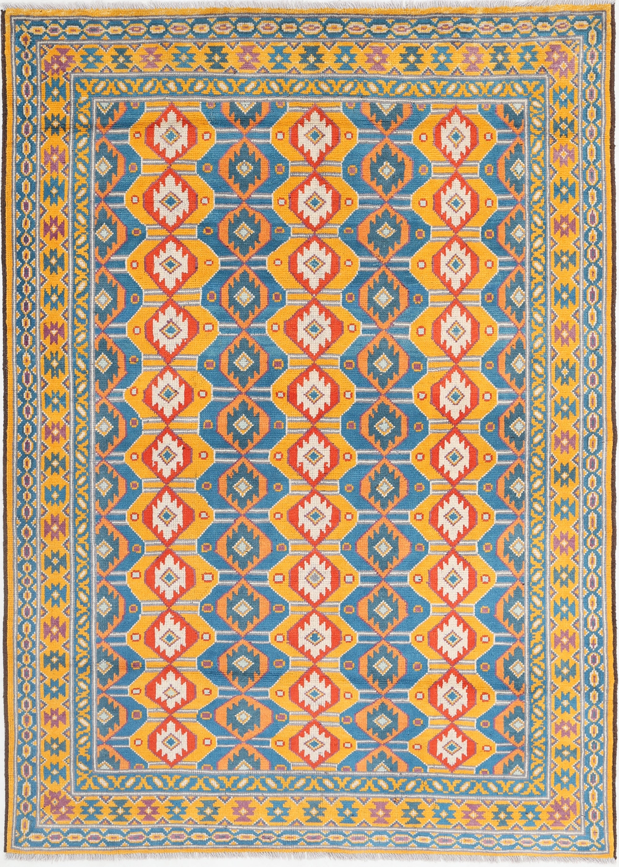 Teal Hand-Knotted Tribal Geometric Wool Rug - 5'9" x 8'2"