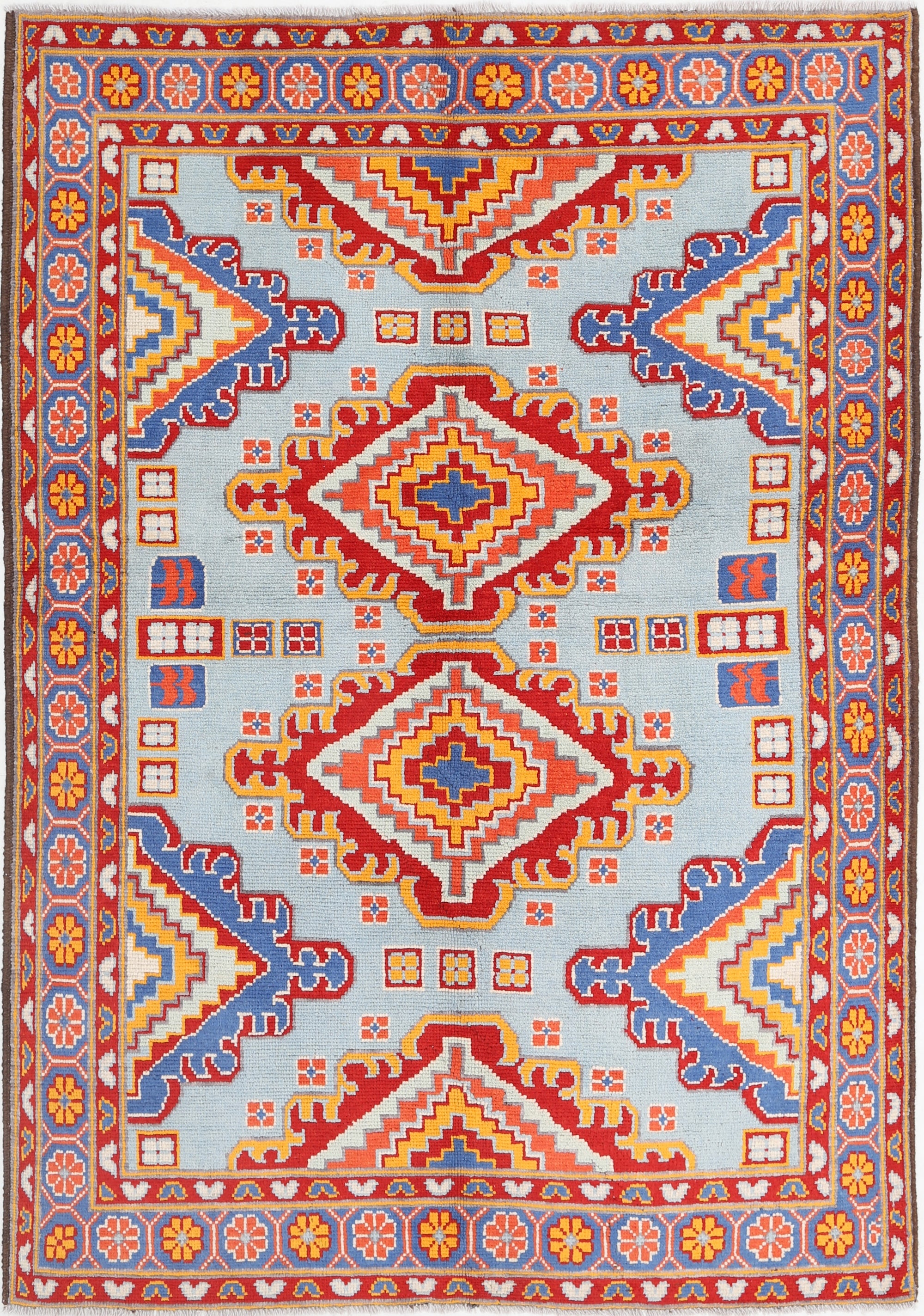 Blue Hand-Knotted Tribal Geometric Wool Rug - 5'5" x 7'10"