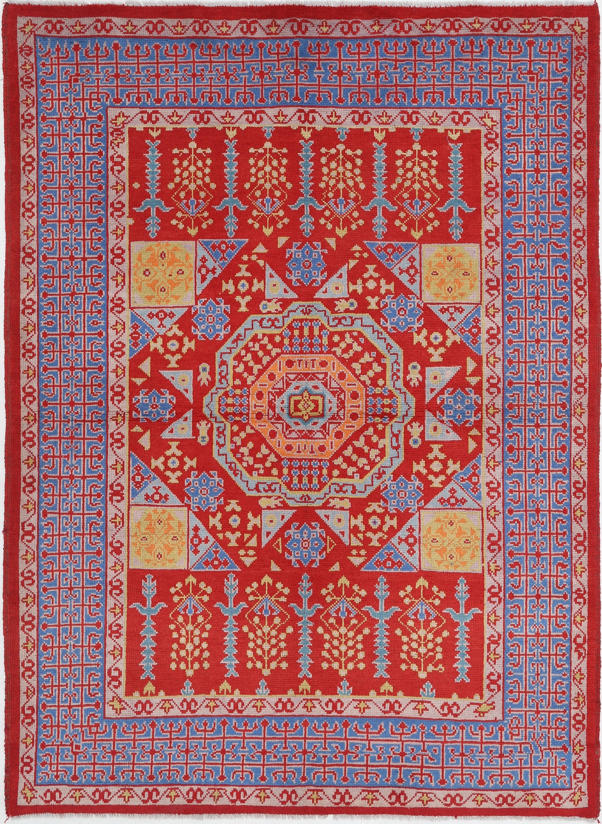 Red Hand-Knotted Tribal Geometric Wool Rug - 5'10" x 8'1"
