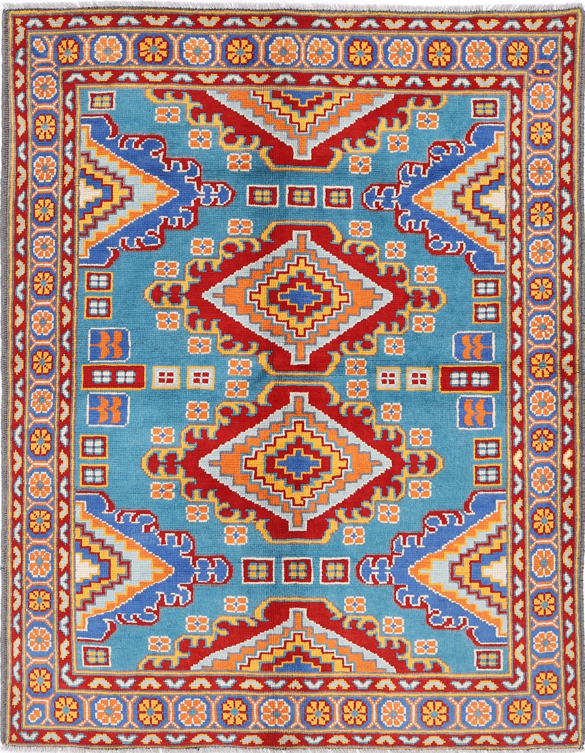 Teal Hand-Knotted Tribal Geometric Wool Rug - 4'11" x 6'7"