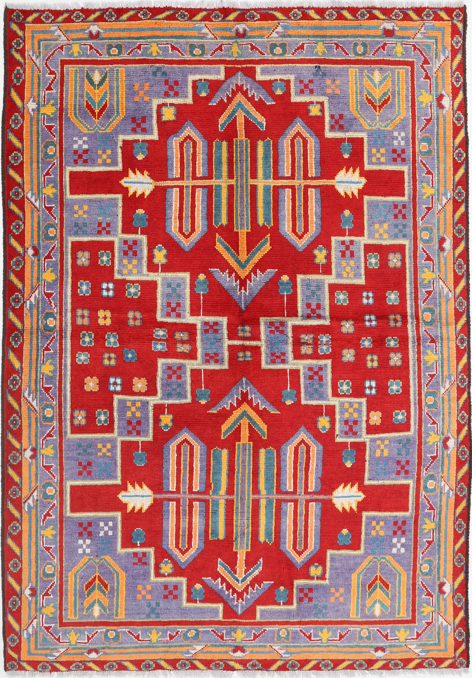 Red Hand-Knotted Tribal Geometric Wool Rug - 5'9" x 8'1"