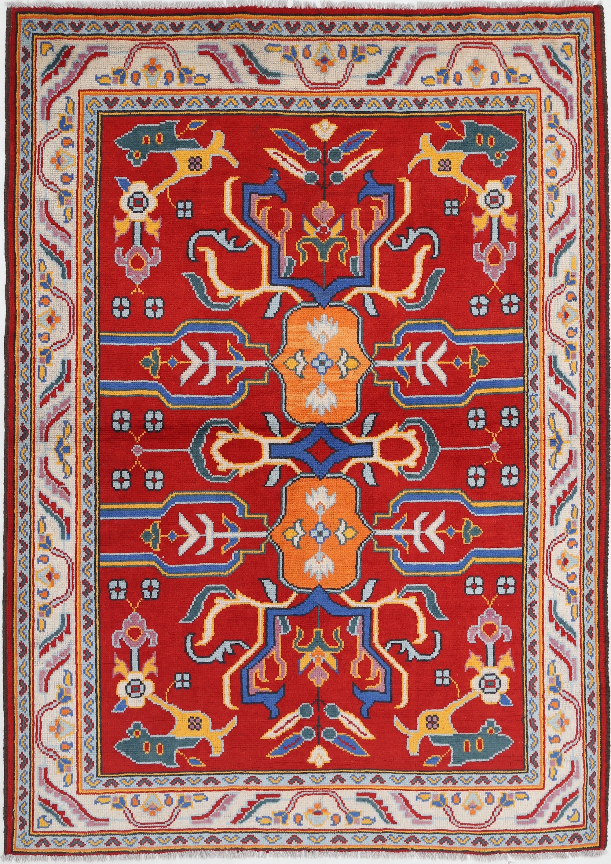 Red Hand-Knotted Tribal Geometric Wool Rug - 5'10" x 8'3"