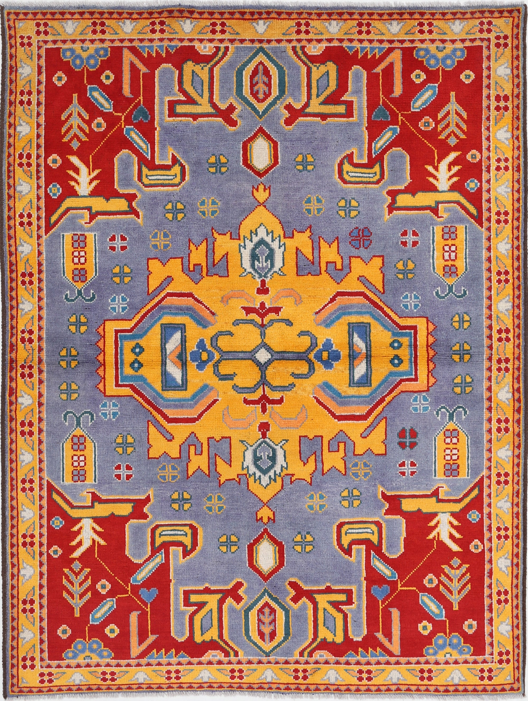 Grey Hand-Knotted Tribal Geometric Wool Rug - 5'8" x 7'8"