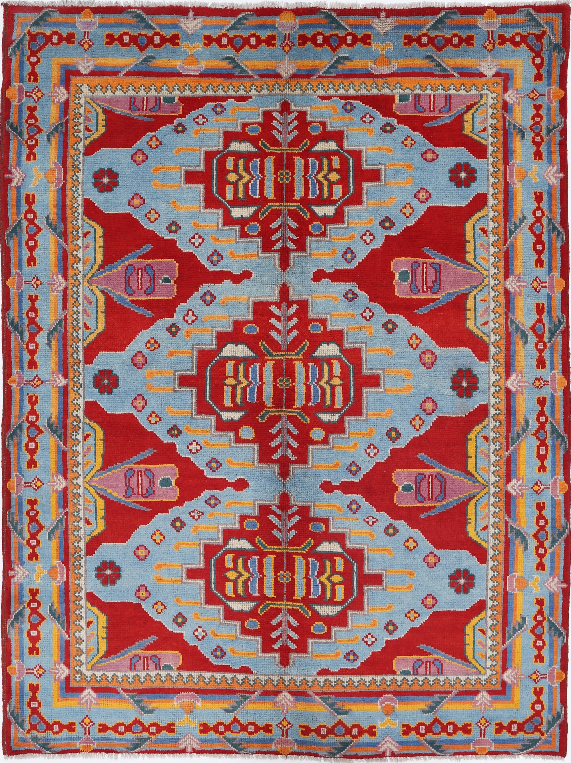 Red Hand-Knotted Tribal Geometric Wool Rug - 5'10" x 7'8"