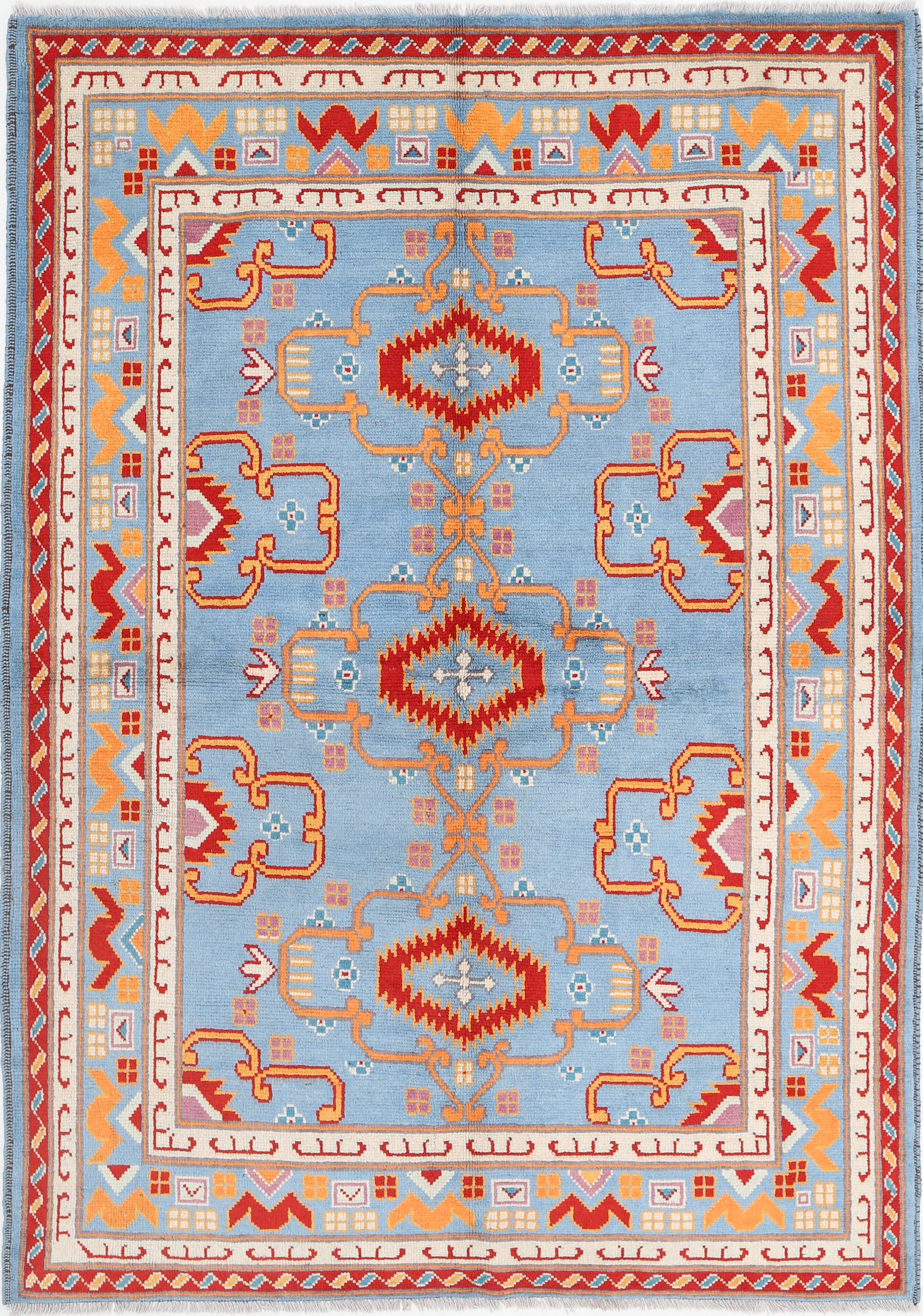 Blue Hand-Knotted Tribal Geometric Wool Rug - 5'6" x 8'0"