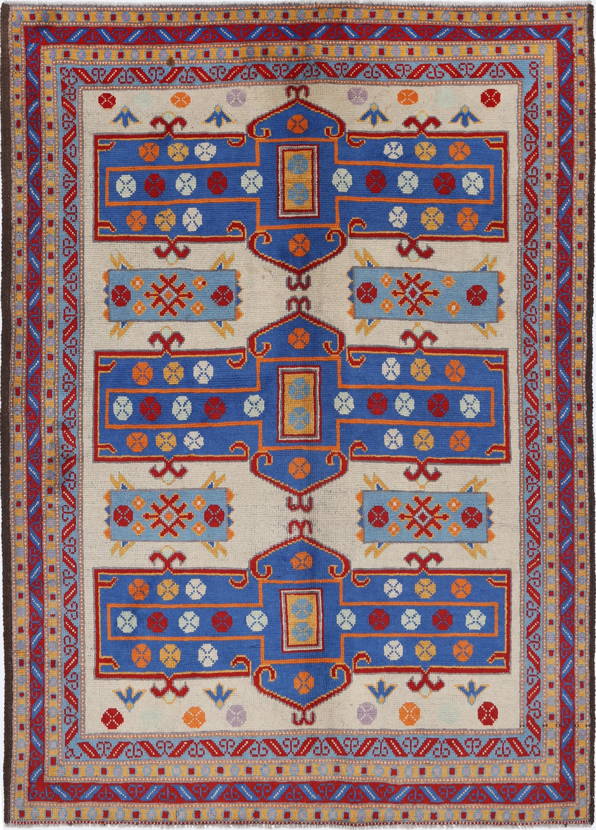 Ivory Hand-Knotted Tribal Geometric Wool Rug - 5'6" x 7'10"