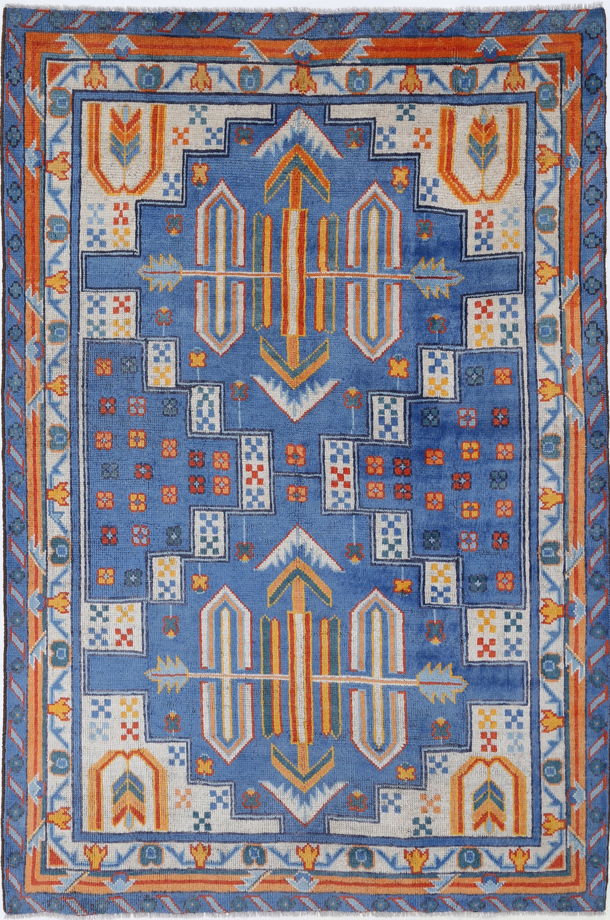 Blue Hand-Knotted Tribal Geometric Wool Rug - 5'6" x 8'2"