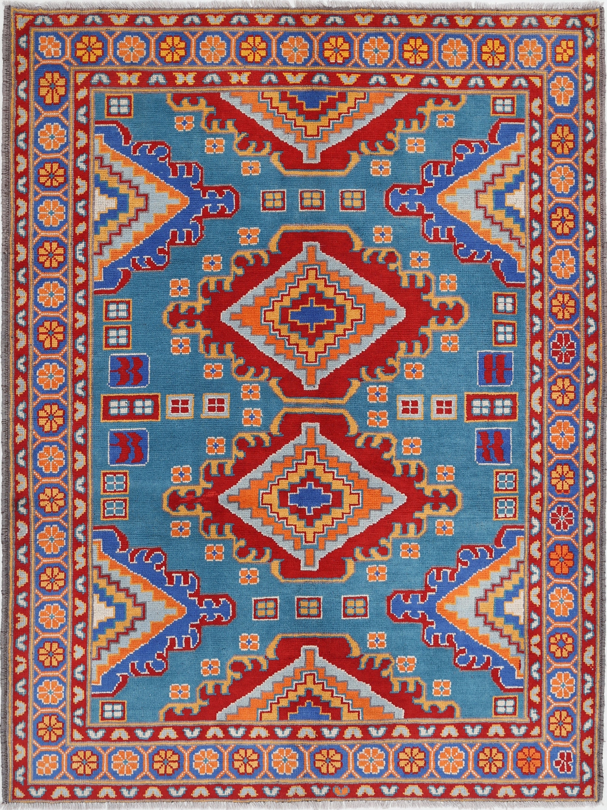 Teal Hand-Knotted Tribal Geometric Wool Rug - 5'11" x 8'0"