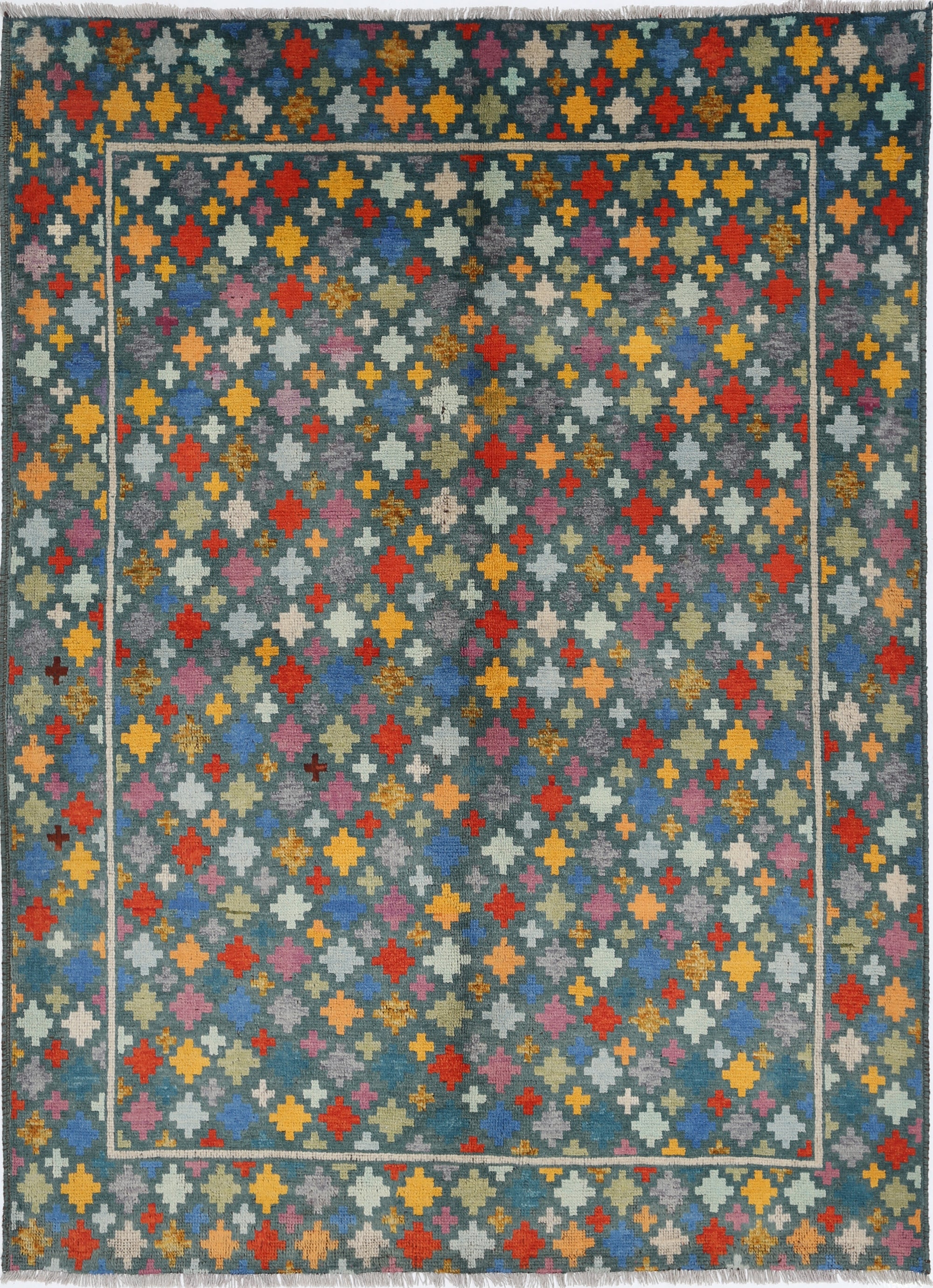 Green Hand-Knotted Tribal Geometric Wool Rug - 5'9" x 8'0"