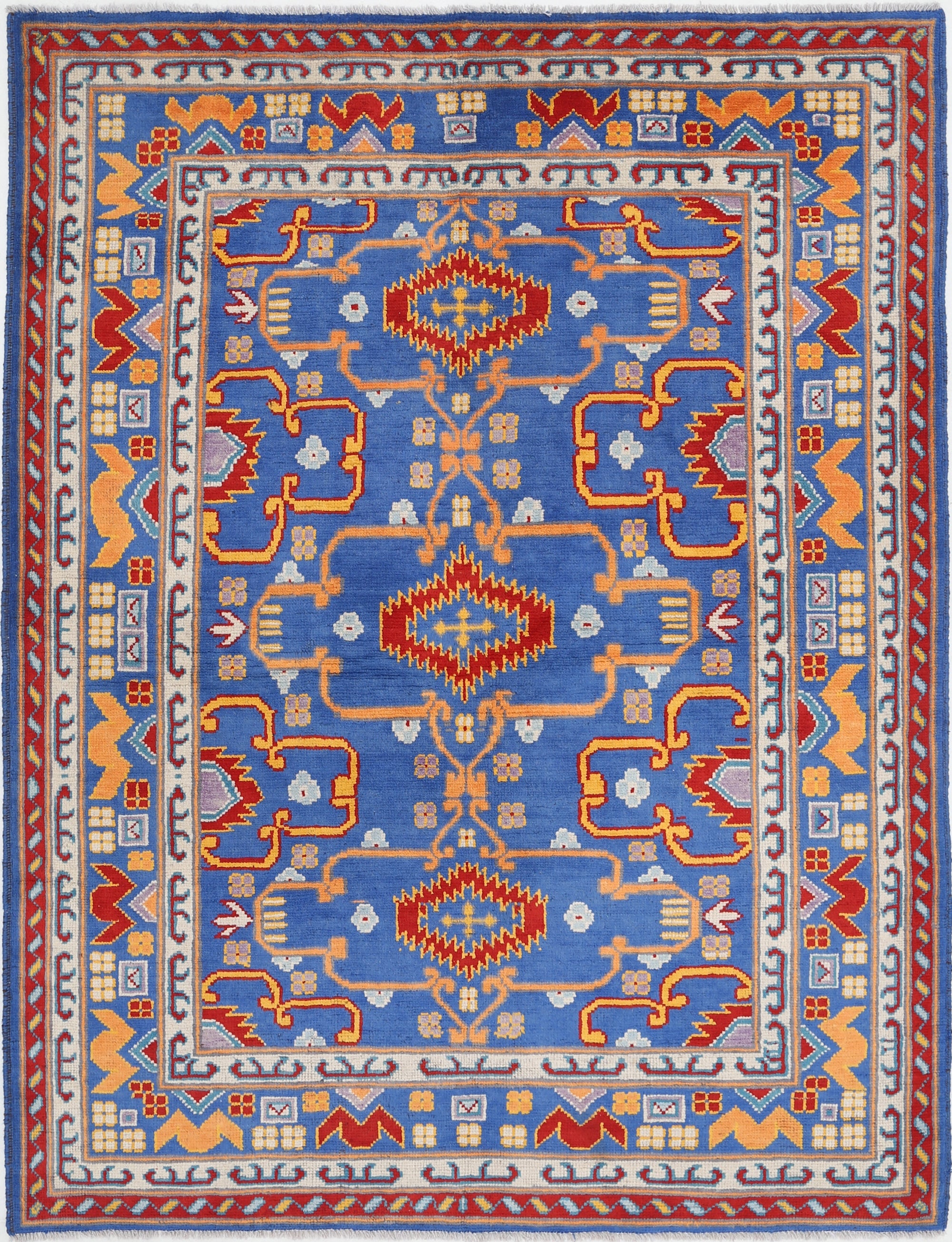 Blue Hand-Knotted Tribal Geometric Wool Rug - 5'10" x 7'9"