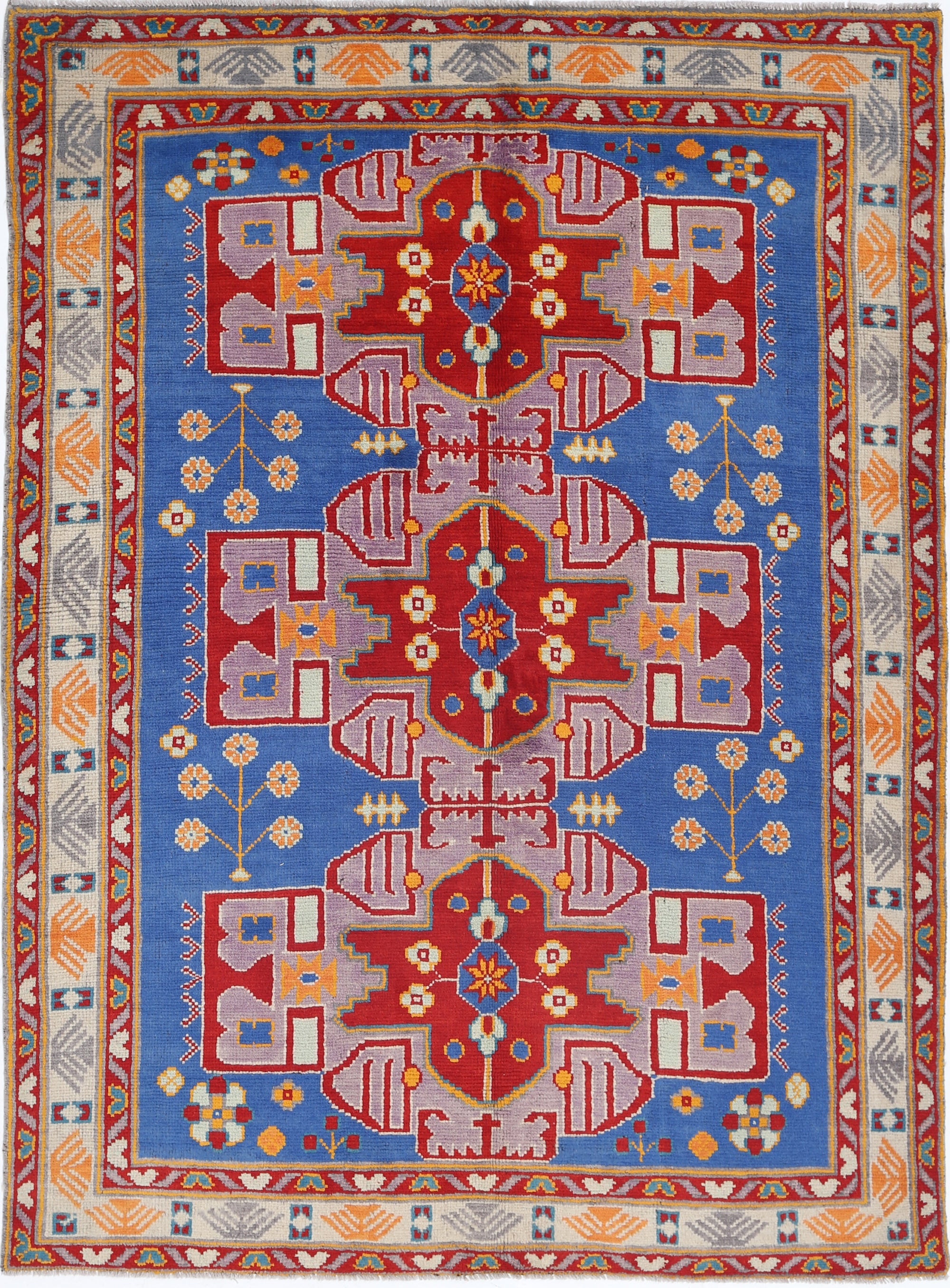 Blue Hand-Knotted Tribal Geometric Wool Rug - 5'5" x 7'6"