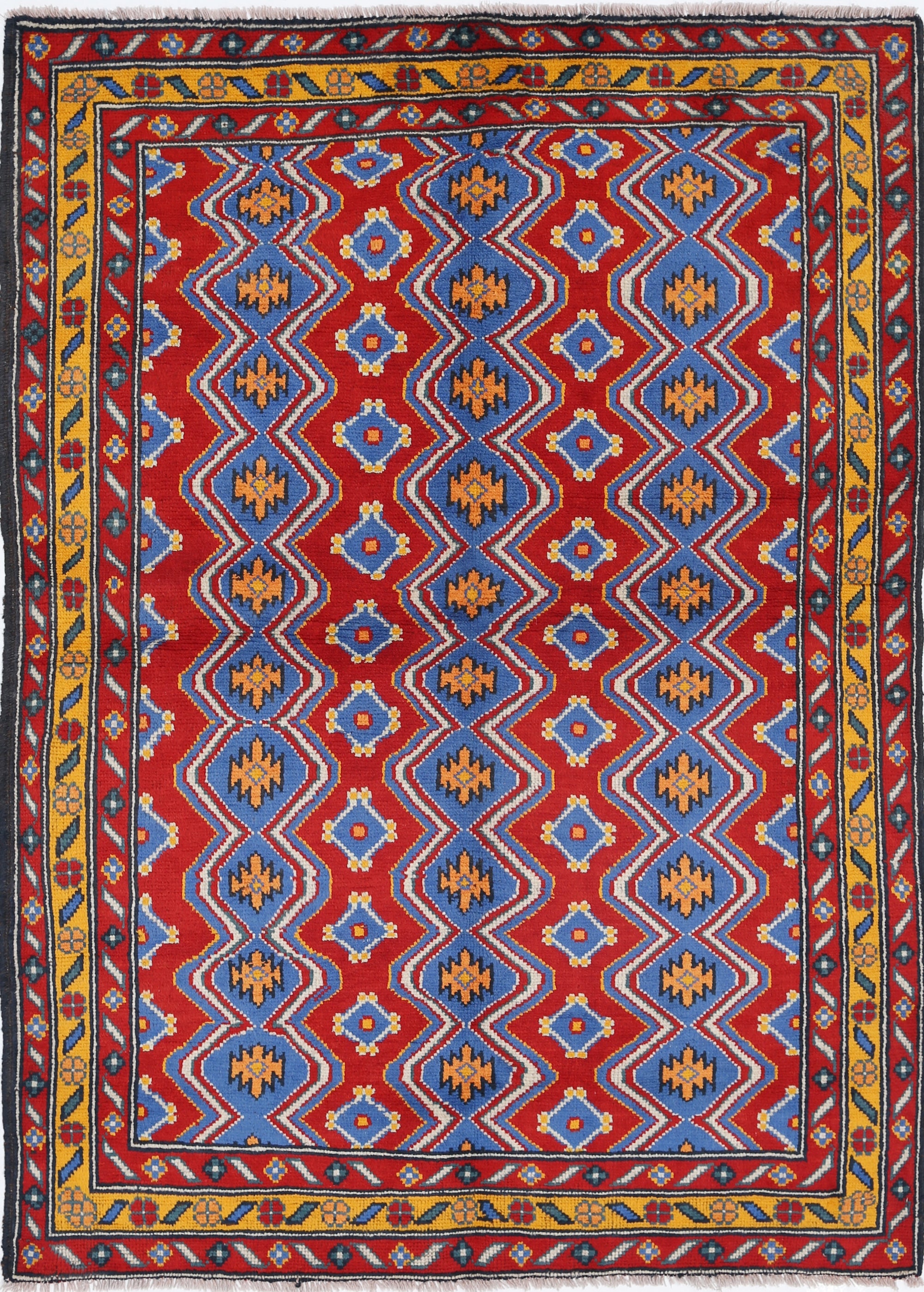 Red Hand-Knotted Tribal Geometric Wool Rug - 4'10" x 6'9"