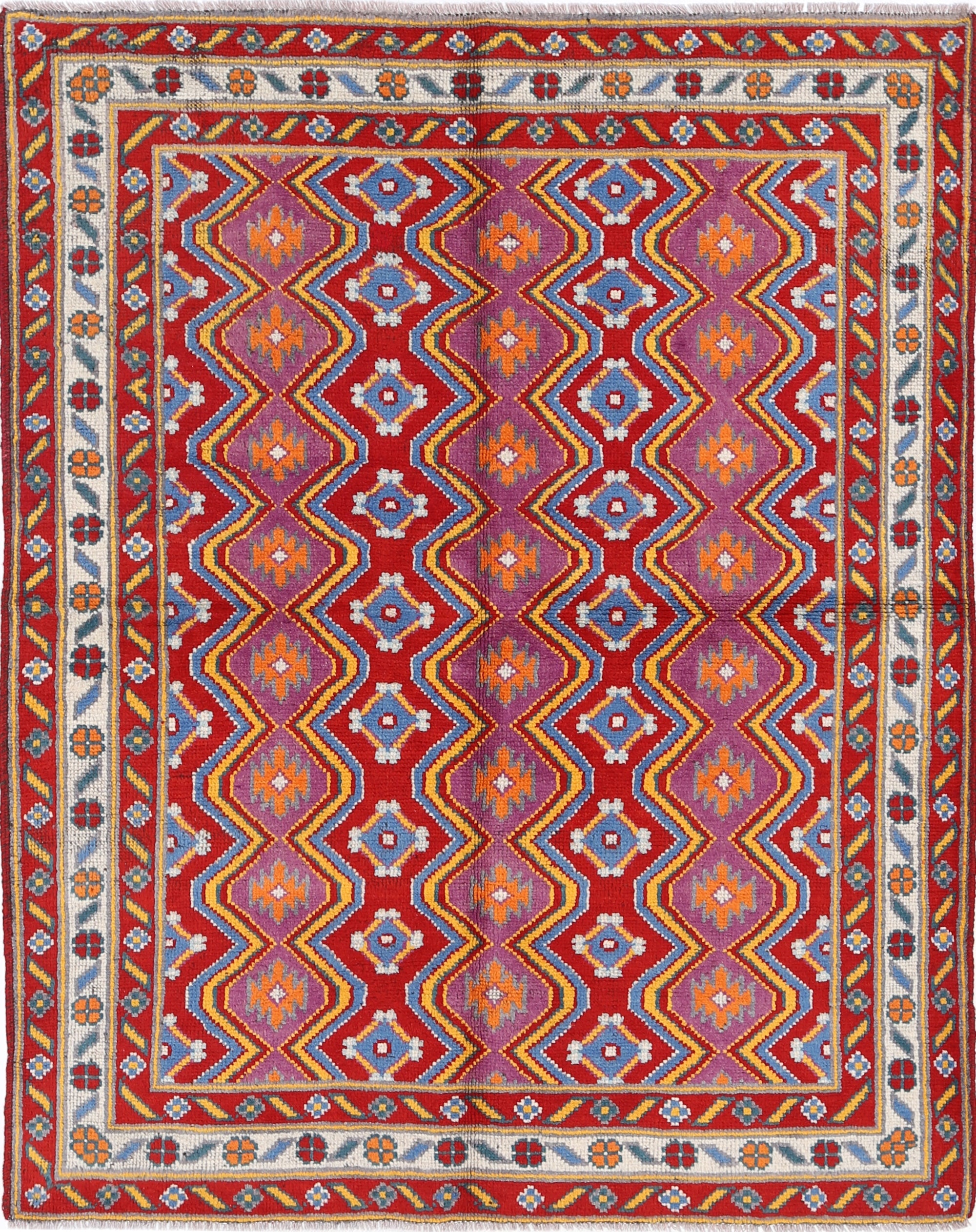 Red Hand-Knotted Tribal Geometric Wool Rug - 4'11" x 6'5"