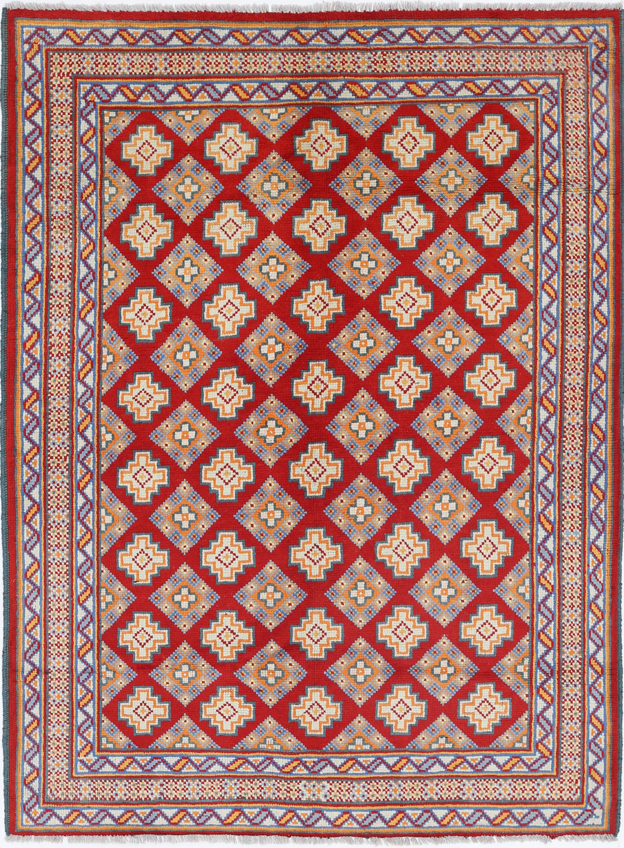 Red Hand-Knotted Tribal Geometric Wool Rug - 5'0" x 6'10"