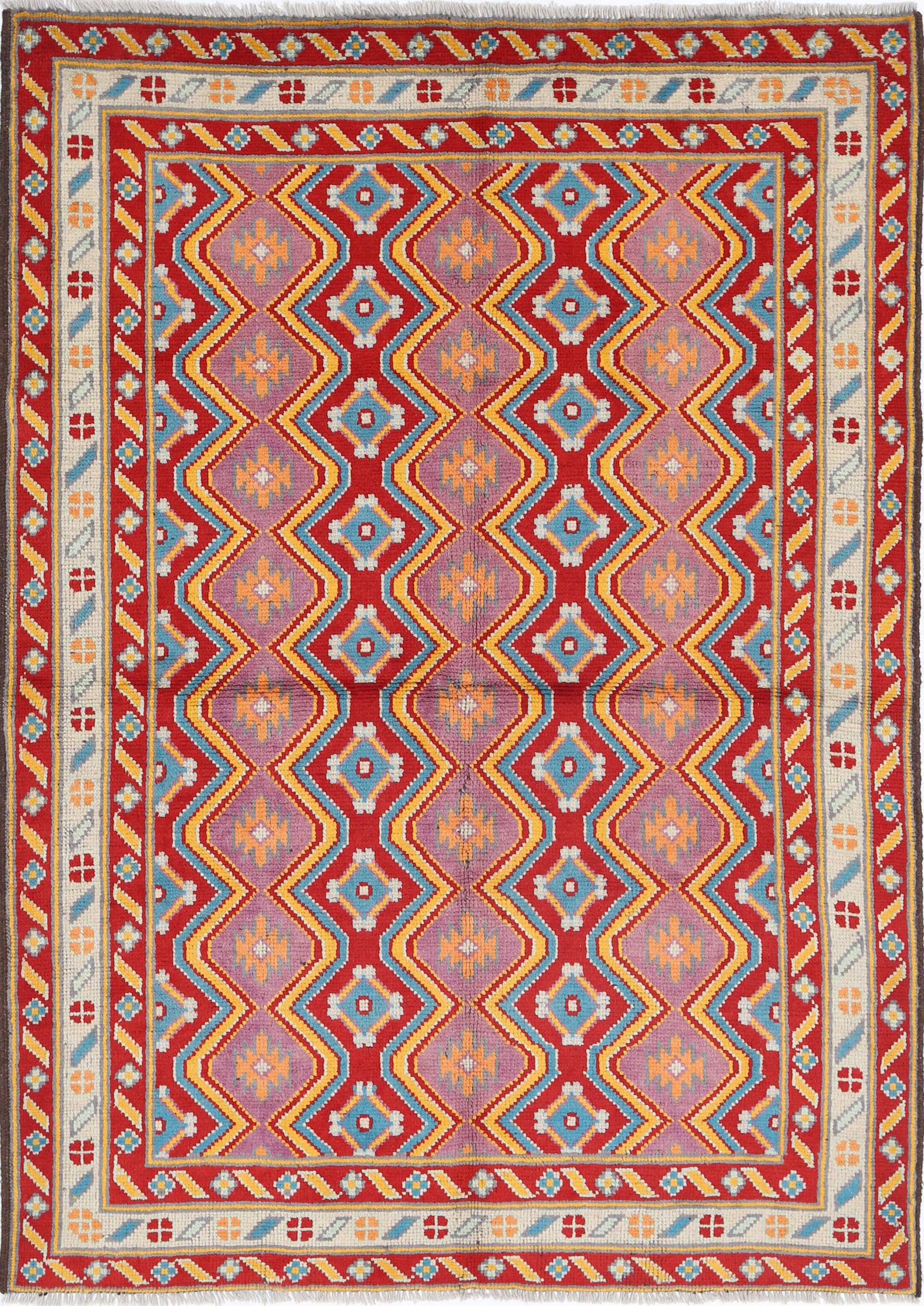 Red Hand-Knotted Tribal Geometric Wool Rug - 4'9" x 6'9"
