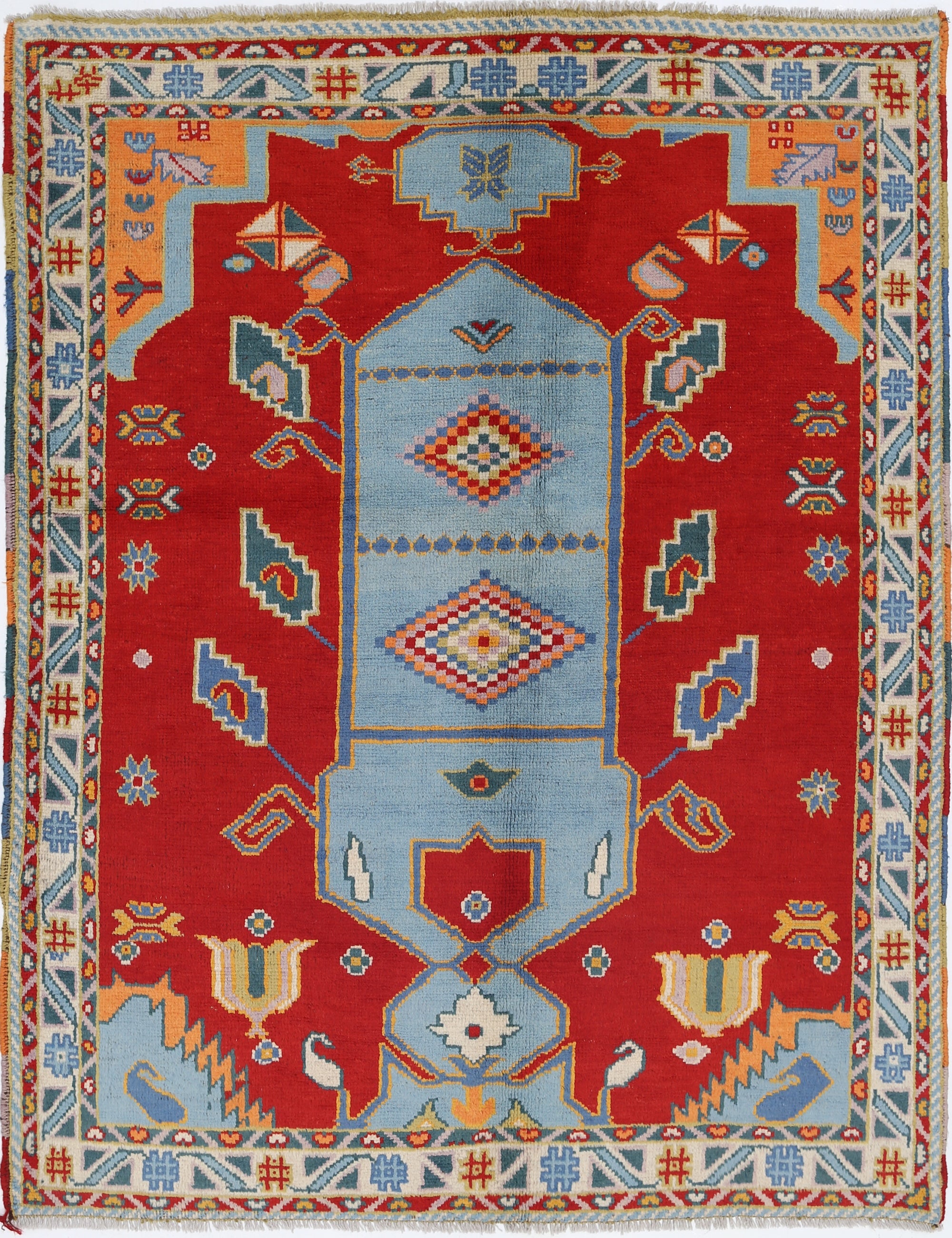Red Hand-Knotted Tribal Geometric Wool Rug - 4'11" x 6'5"